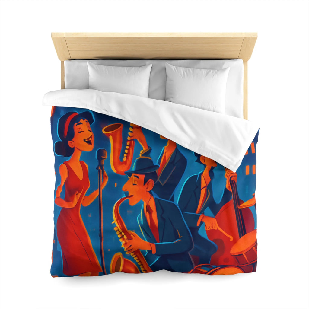 Housse de couette jazz rétro avec chanteuse et musiciens devant gratte-ciels éclairés