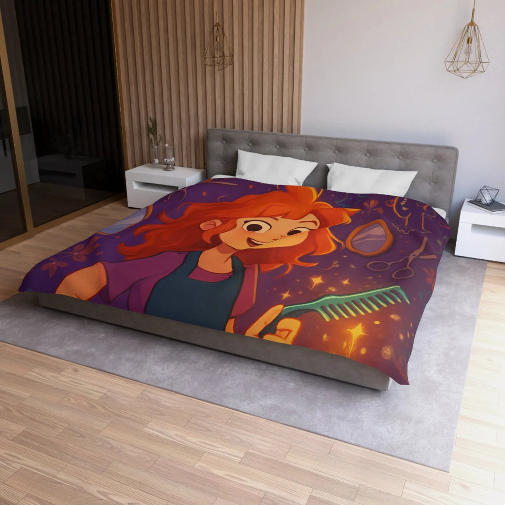 Housse de Couette Colorée avec Fille Rieuse et Ambiance Salon de Coiffure Magique