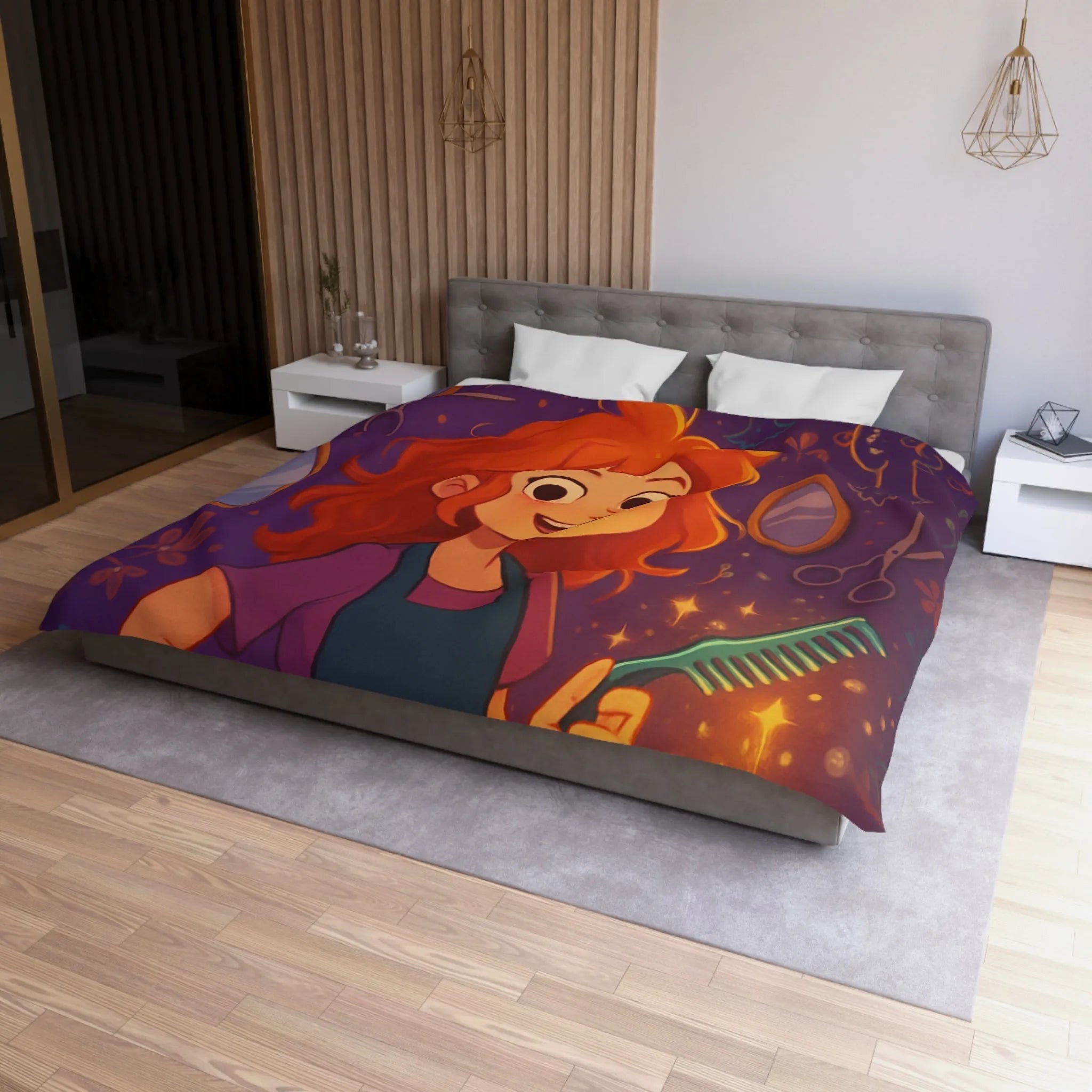 Housse de Couette Colorée avec Fille Rieuse et Ambiance Salon de Coiffure Magique