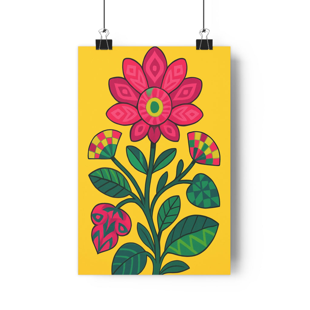 Poster décoratif botanique fleur rose vert jaune salon chambre joyeux moderne vibrant unique tendance