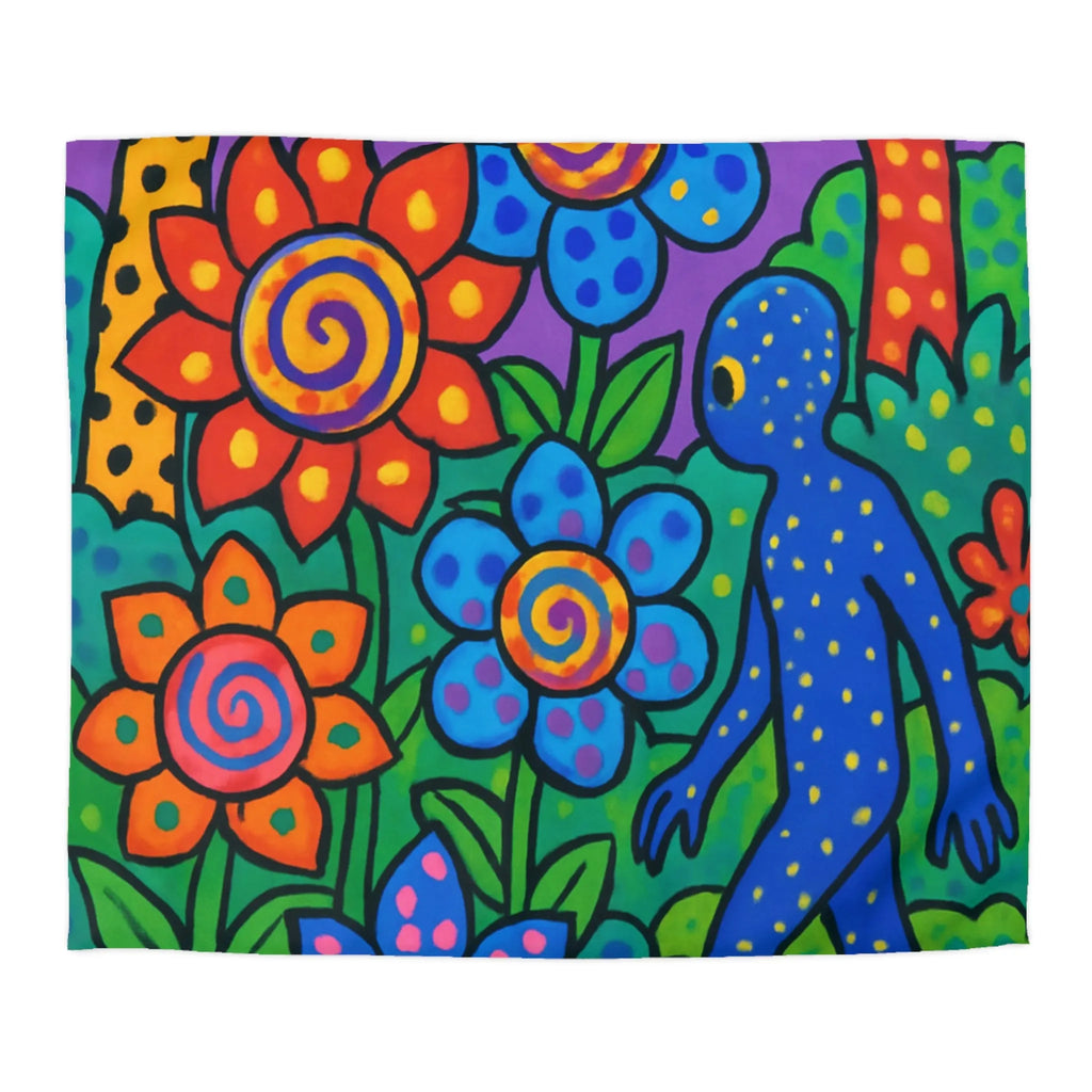 Housse de couette joyeuse avec motifs floraux et créature colorée en jungle vibrante