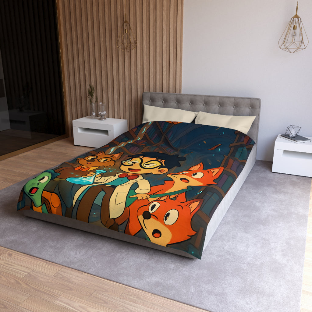 Housse de couette pour enfants avec dessin animé de bibliothèque magique et animaux curieux
