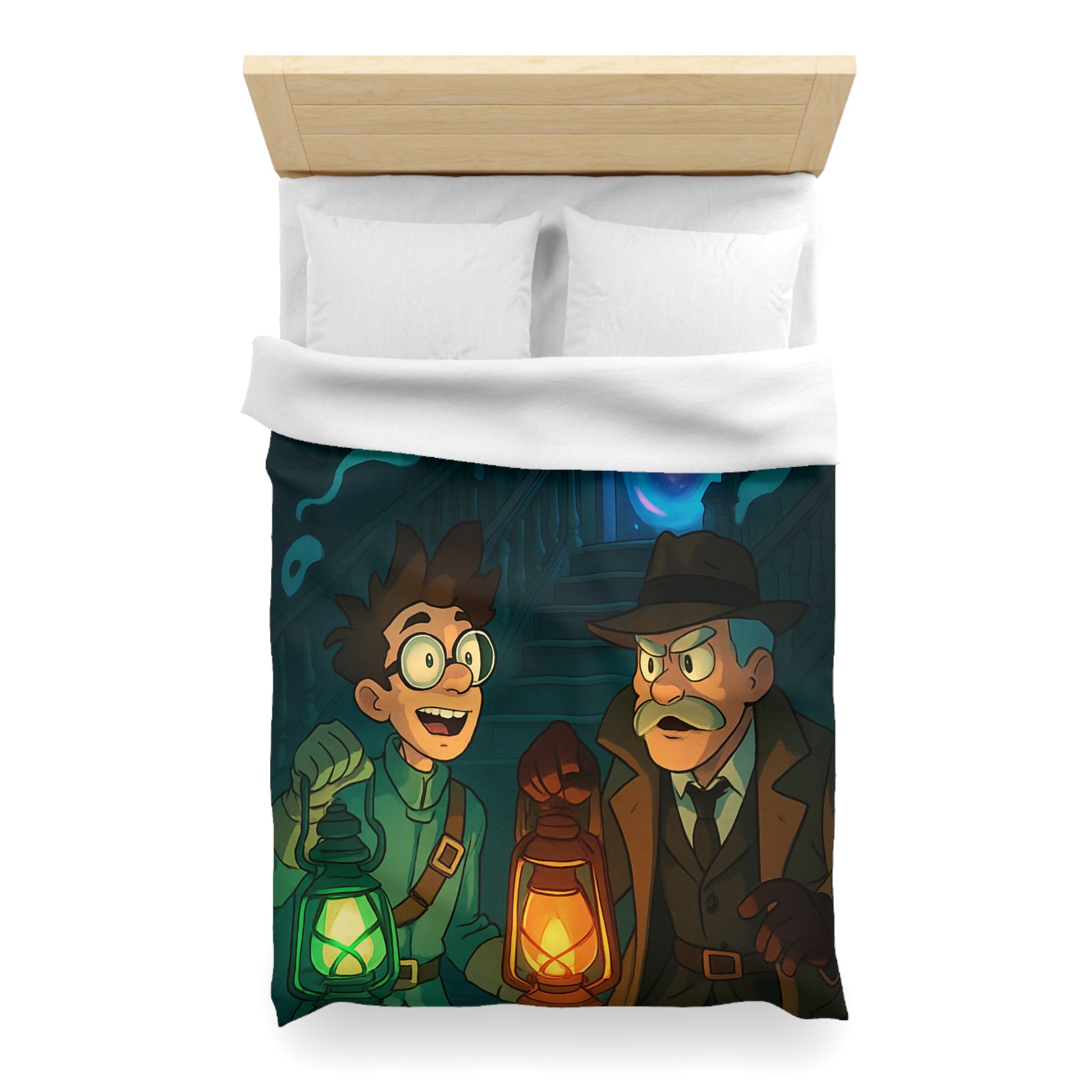 Housse de couette mystère avec lanternes, enquêteurs, fantômes et portail mystérieux