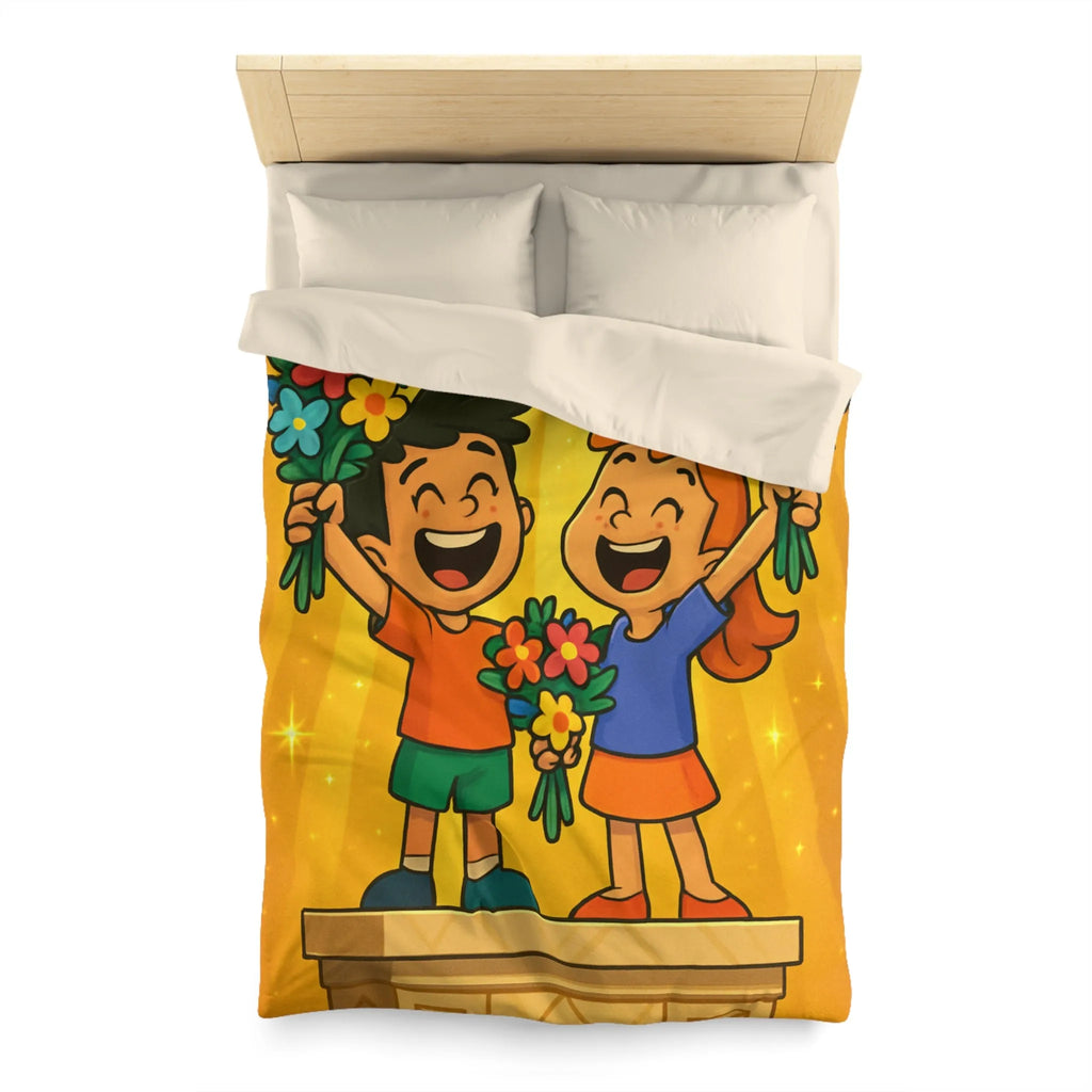 Dessin mignon d'enfants célébrant avec des bouquets de fleurs illuminés de rayons dorés