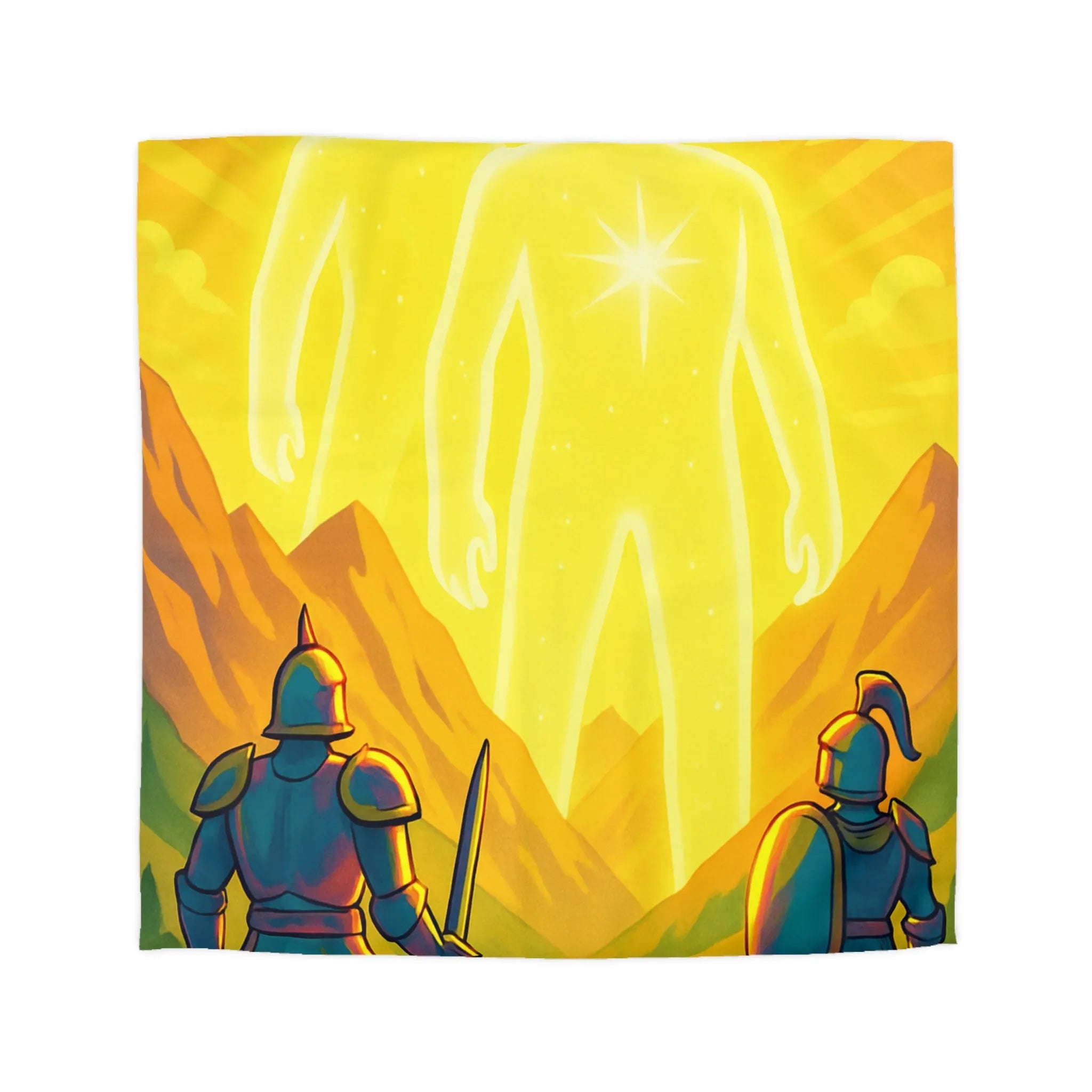 Épopée chevaleresque avec figures lumineuses mystiques dans paysage montagneux époustouflant à l'aube