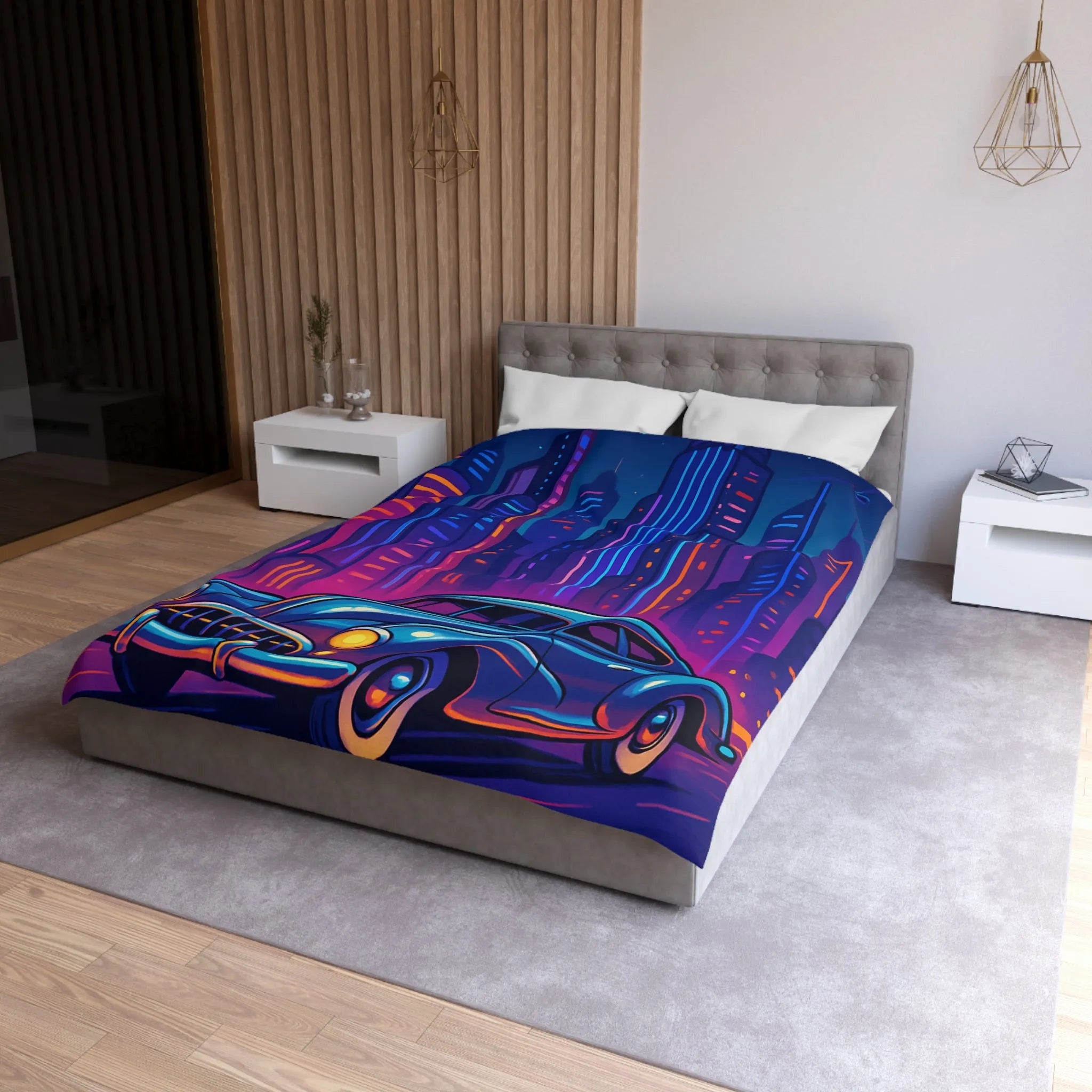 Housse de Couette Futuriste avec Voiture Vintage et Ville Lumineuse Style Néon