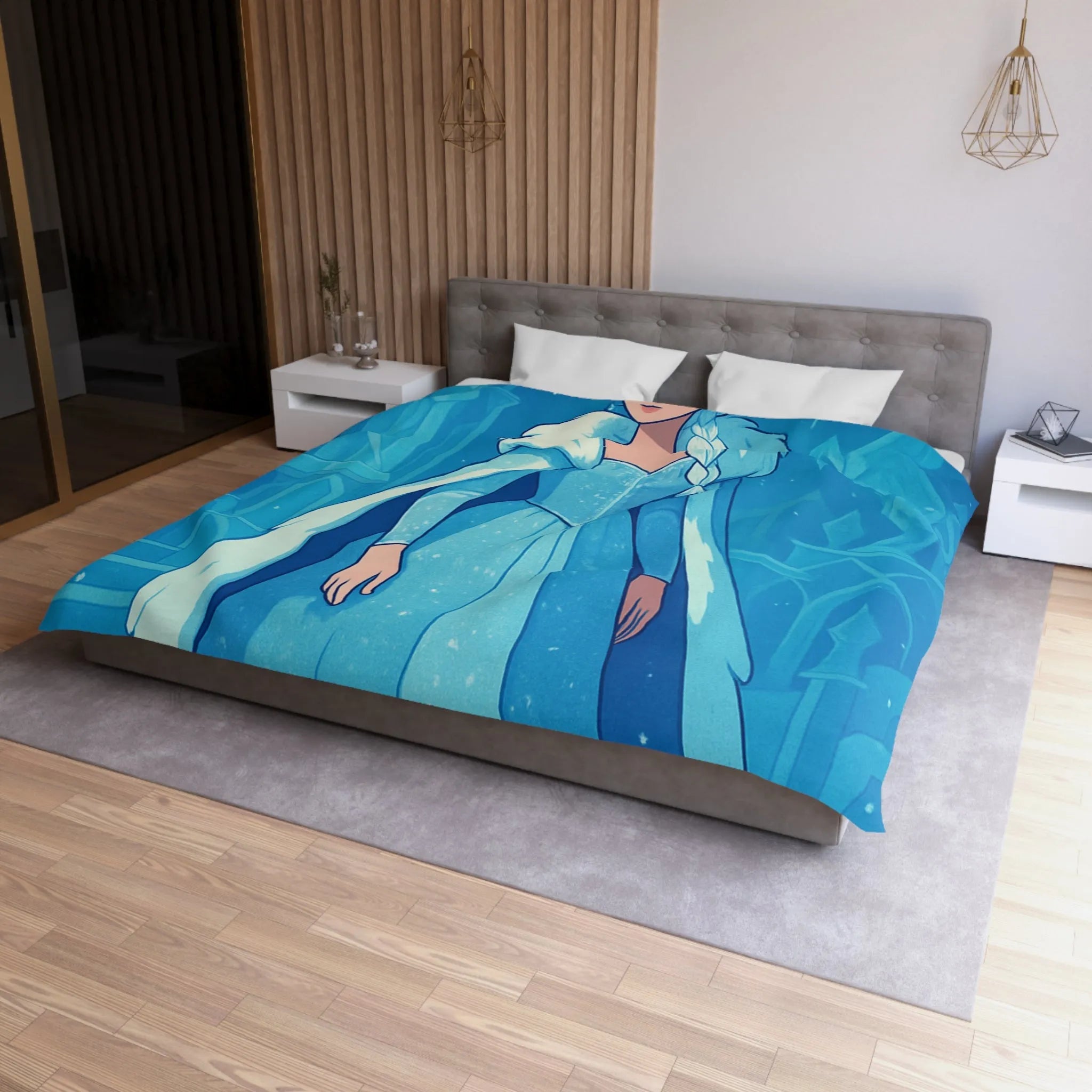 Éblouissante Housse de Couette Reine des Glaces Bleue avec Aurora Boréale et Château