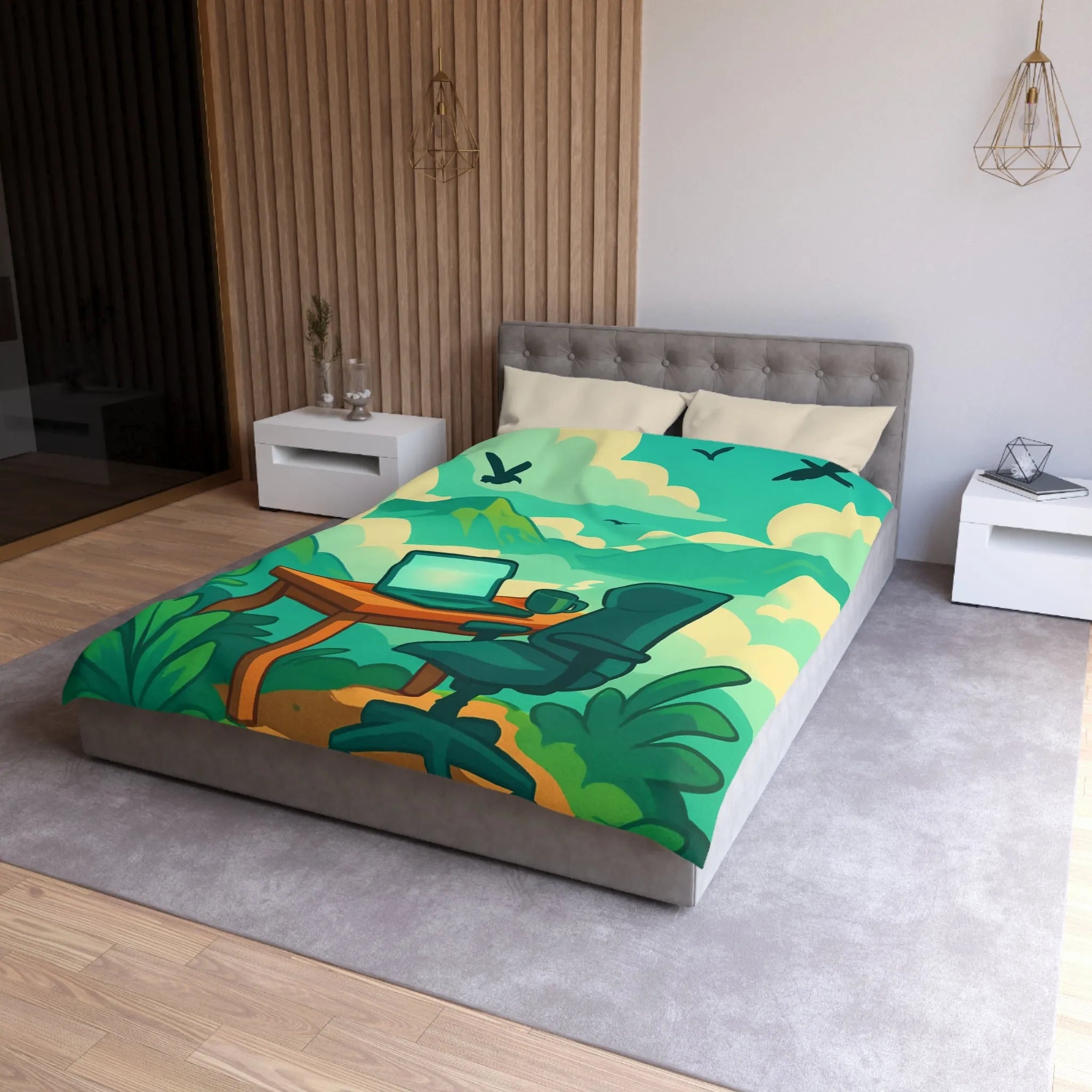 Housse de couette avec paysage de montagne, nature verdoyante, bureau et ciel serein