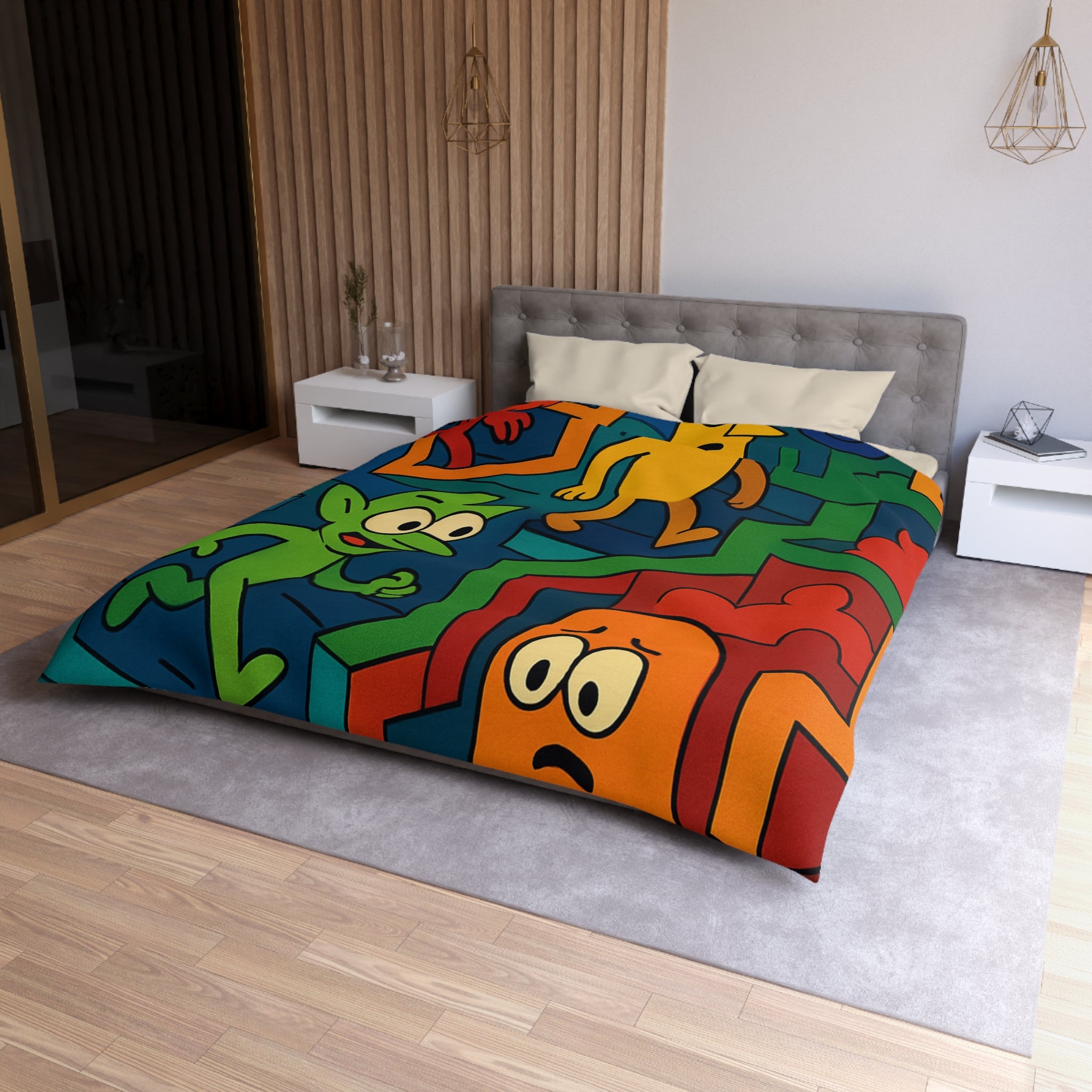 Housse de couette multicolore avec labyrinthes et personnages fantaisistes en motifs géométriques