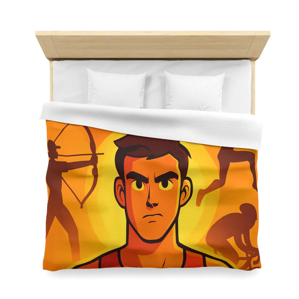 Housse de couette dynamique orange avec motifs sportifs et personnages déterminés en action