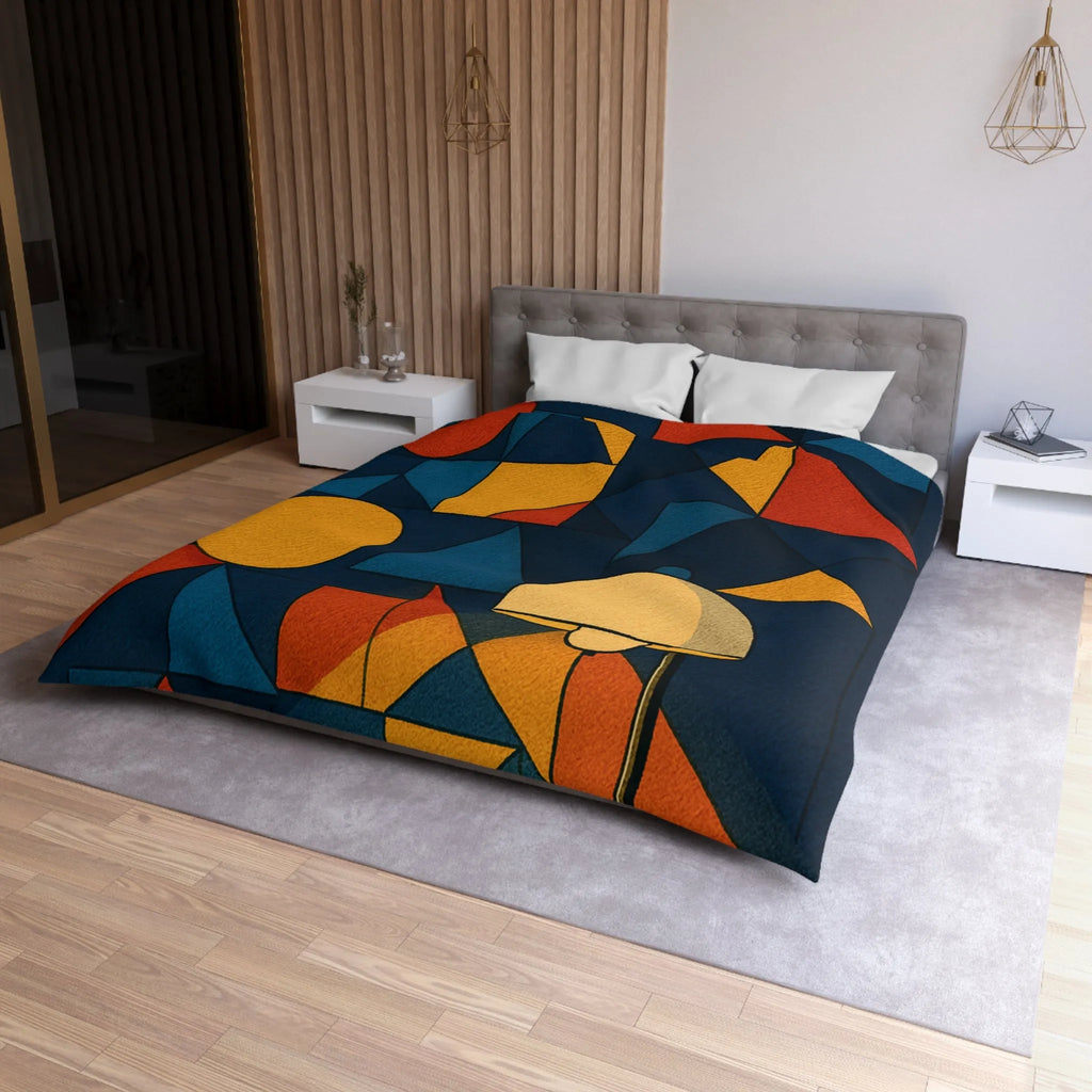 Housse de couette géométrique moderne multicolore avec motifs rétro et ambiance chaleureuse éclairée