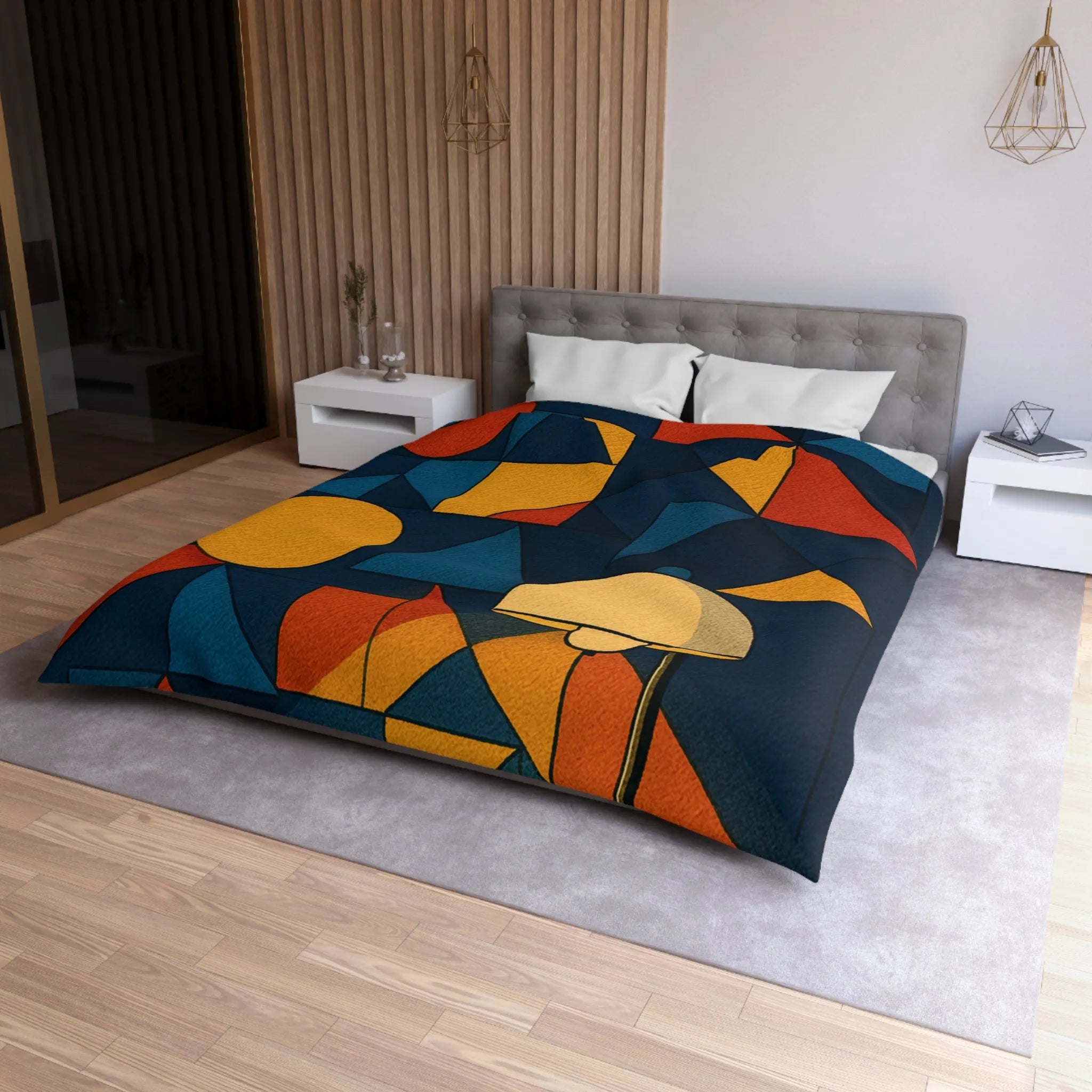 Housse de couette géométrique moderne multicolore avec motifs rétro et ambiance chaleureuse éclairée