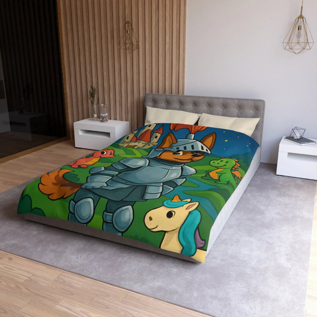 Housse de couette enfant chevalier courageux avec dragon et licorne fantastiques