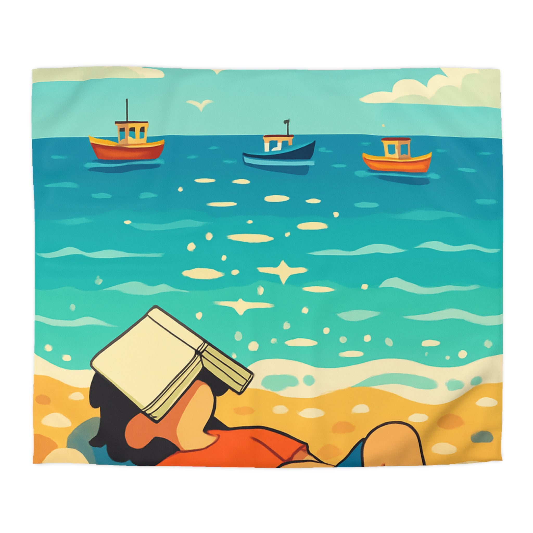 Housse de couette plage relaxante avec enfant, livre et mouettes en été ensoleillé