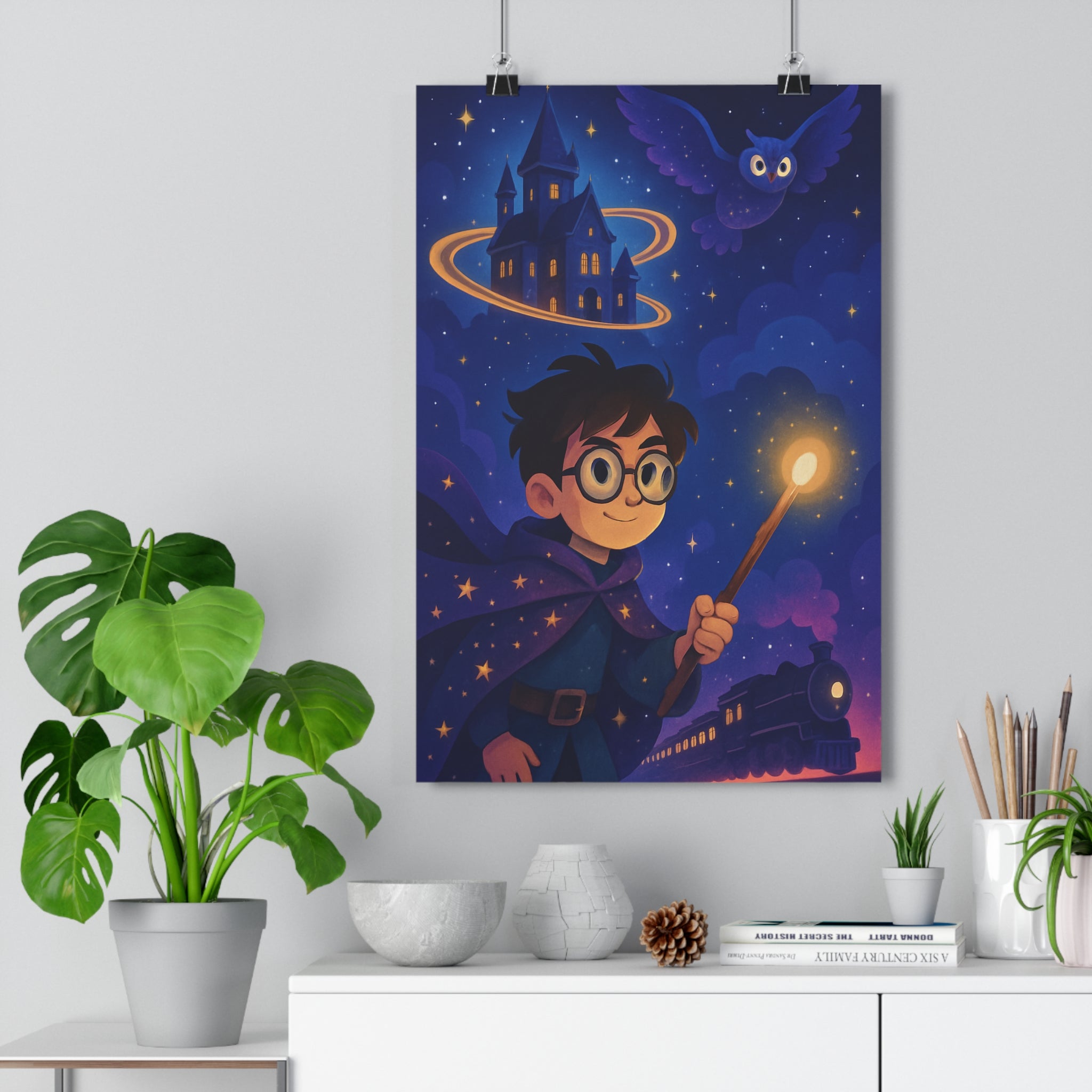Poster décoratif magique bleu violet enfant mystique aventure château garçon cape baguette chouette train