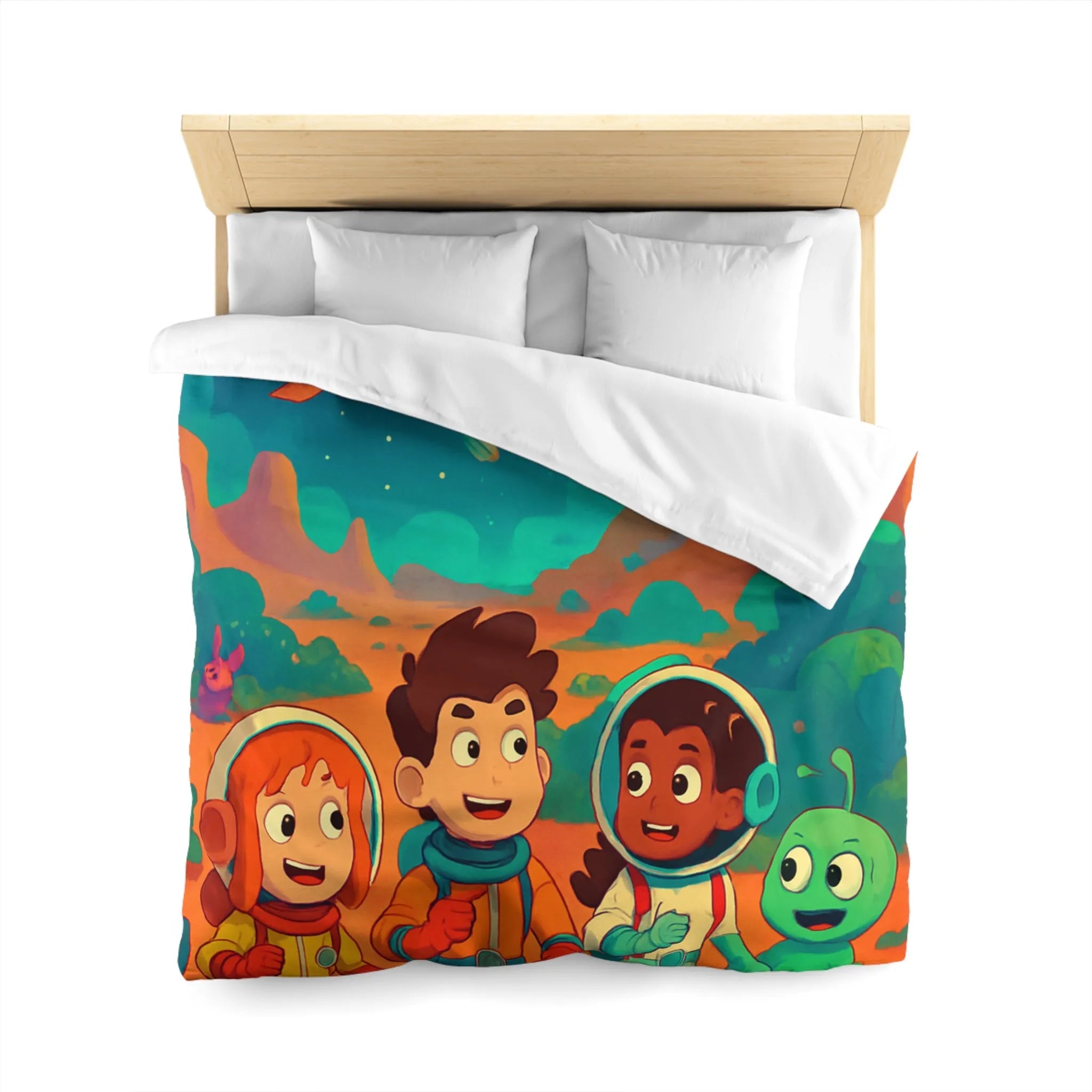 Housse de couette espace enfants, design coloré avec astronautes et paysages interstellaires