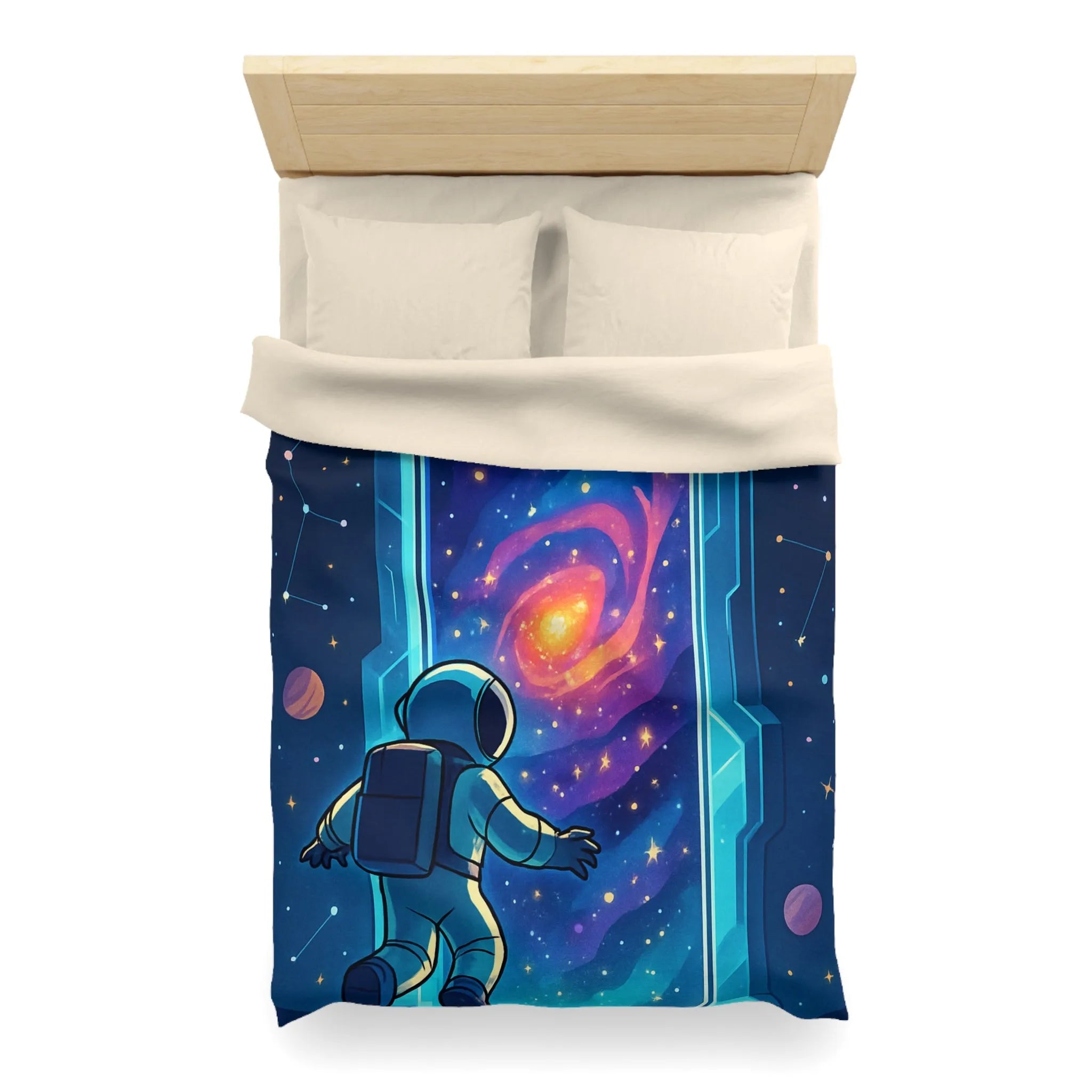 Housse de couette astronaute explorant portail galactique vibrant dans l'espace étoilé