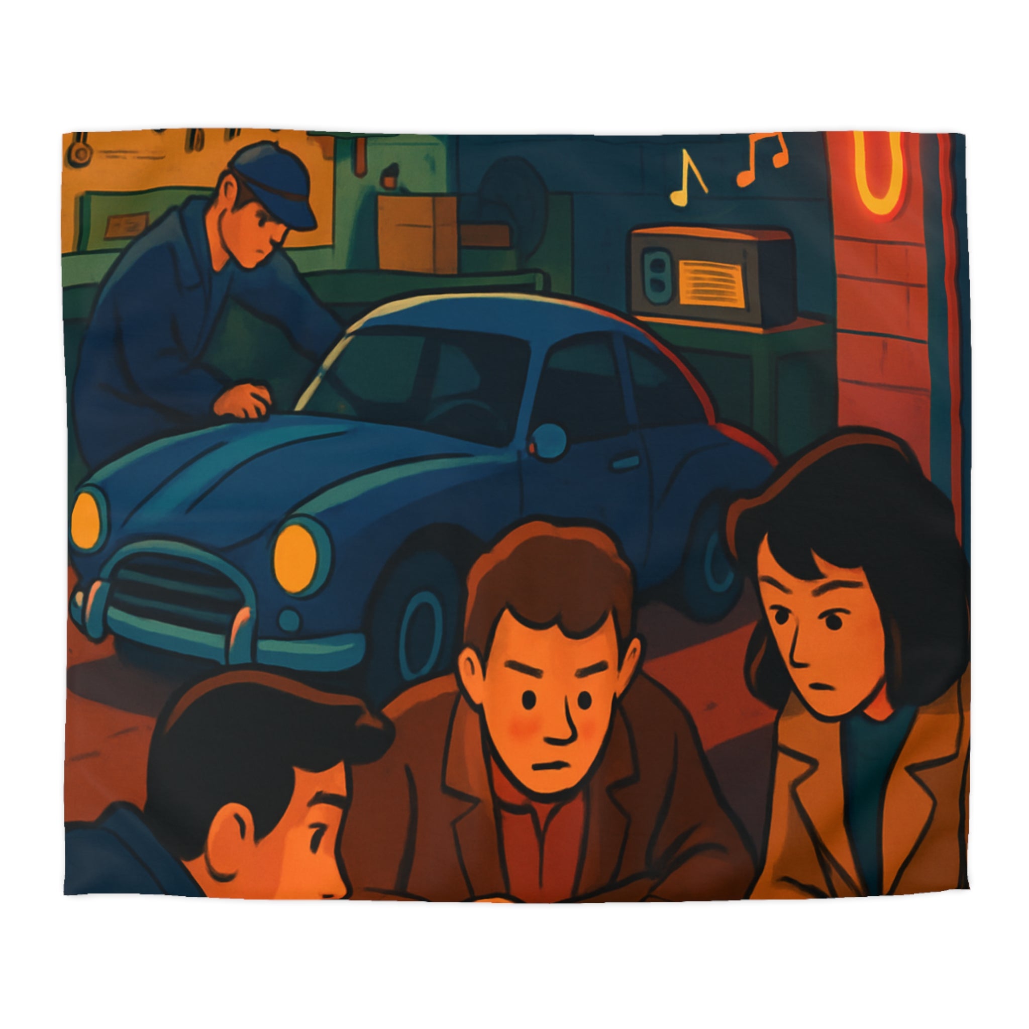 Housse de couette vintage ambiance atelier auto avec carte et personnages concentrés