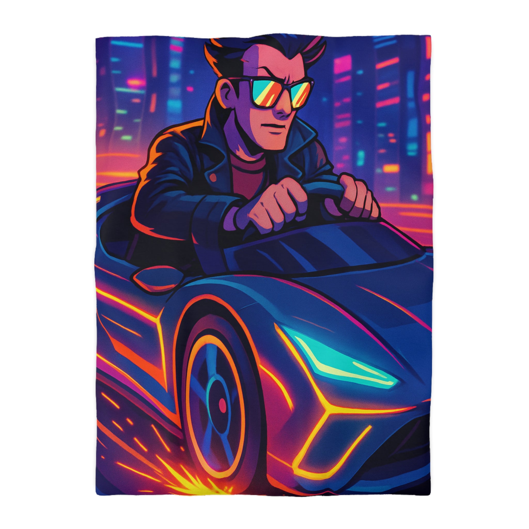 Housse de couette urbaine rétro futuriste avec néons et voiture sportive élégante