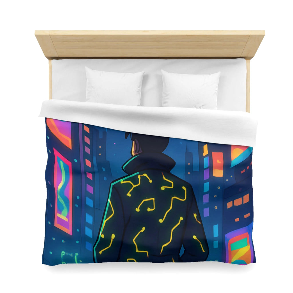 Housse de couette futuriste avec affichage numérique néon dans une ville cyberpunk