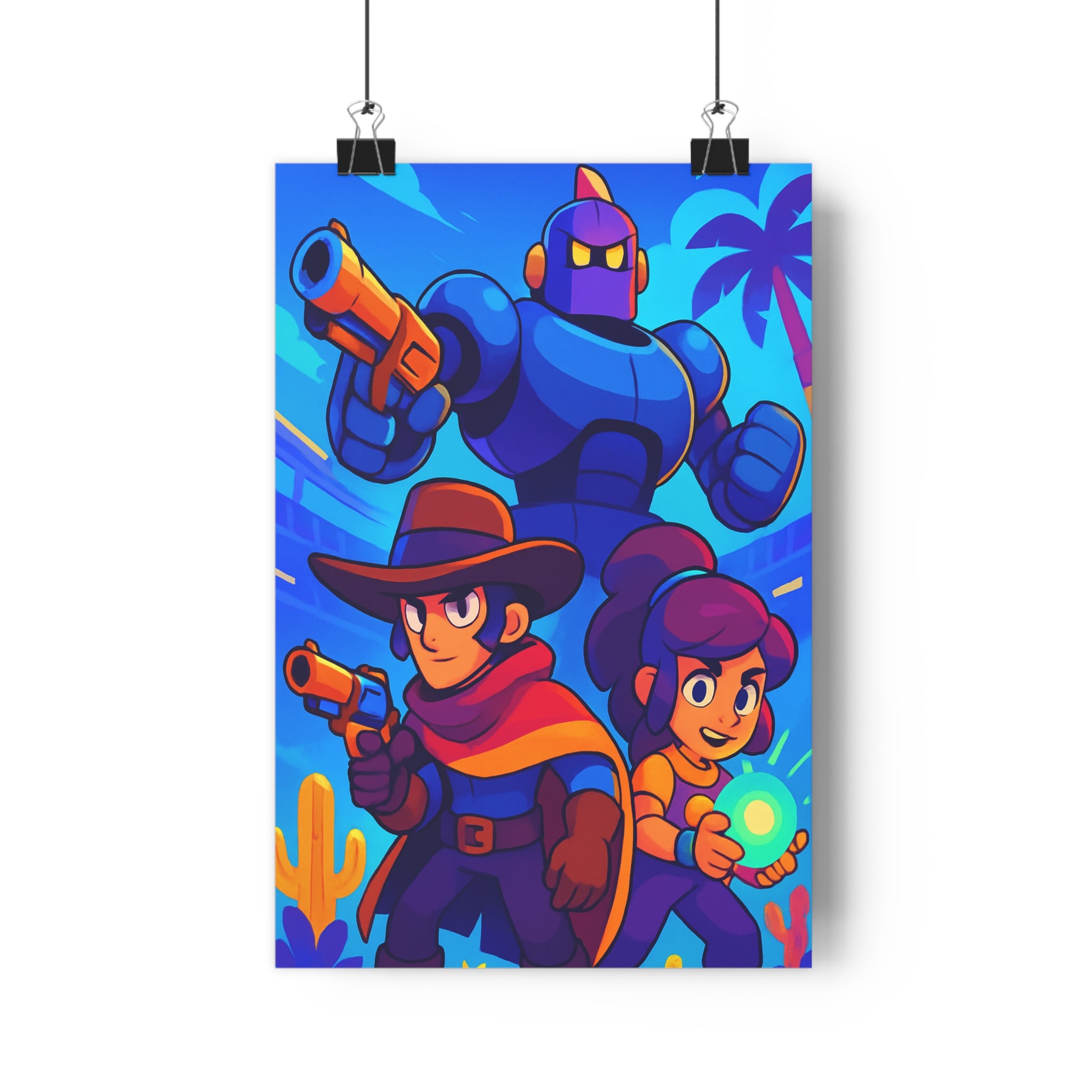 Poster décoratif cartoon bleu orange violet chambre enfant aventure dynamique énergique robot cowboy lumineux