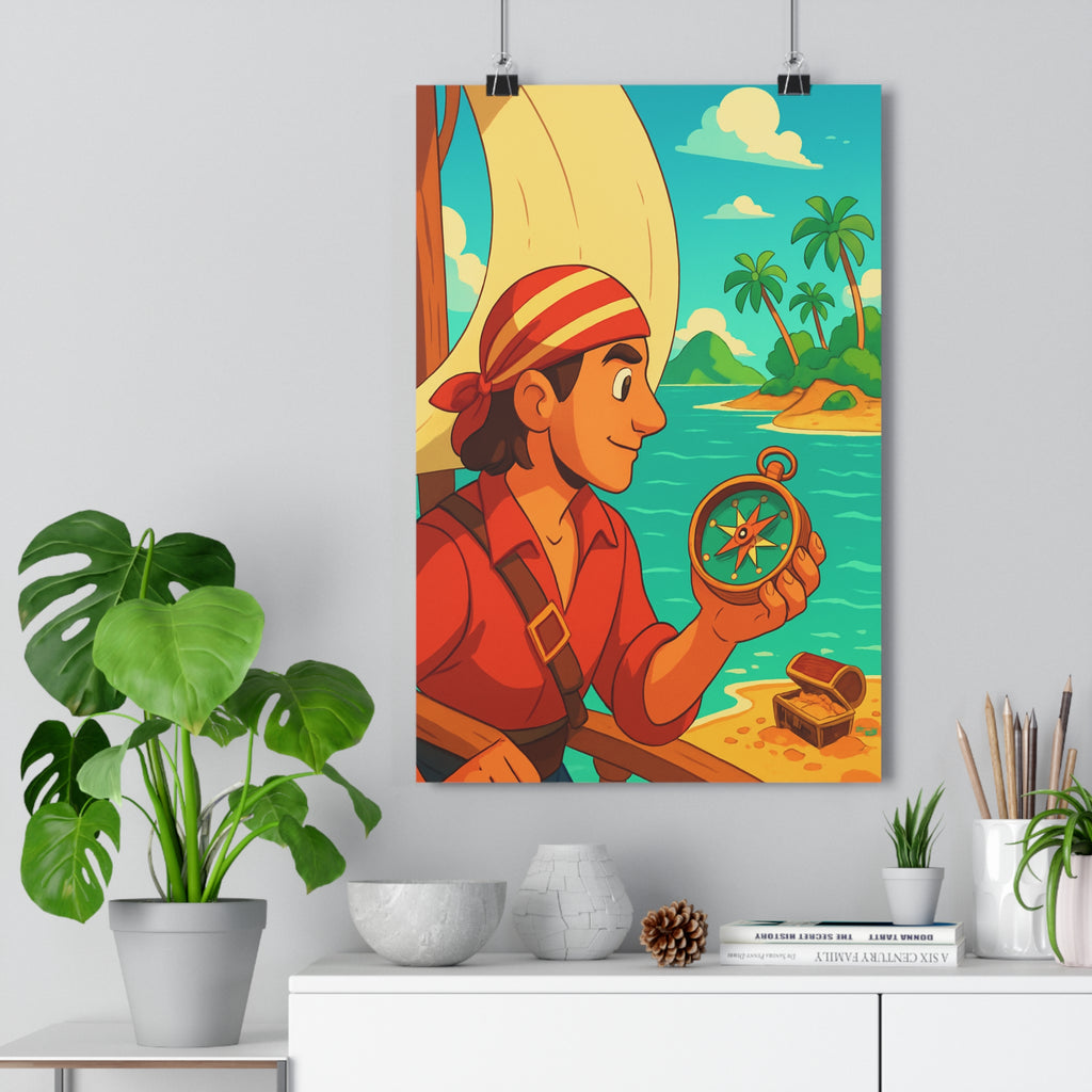 Poster décoratif aventurier mer chemise rouge bandana rayé dessin animé exotique aventure chambre enfant