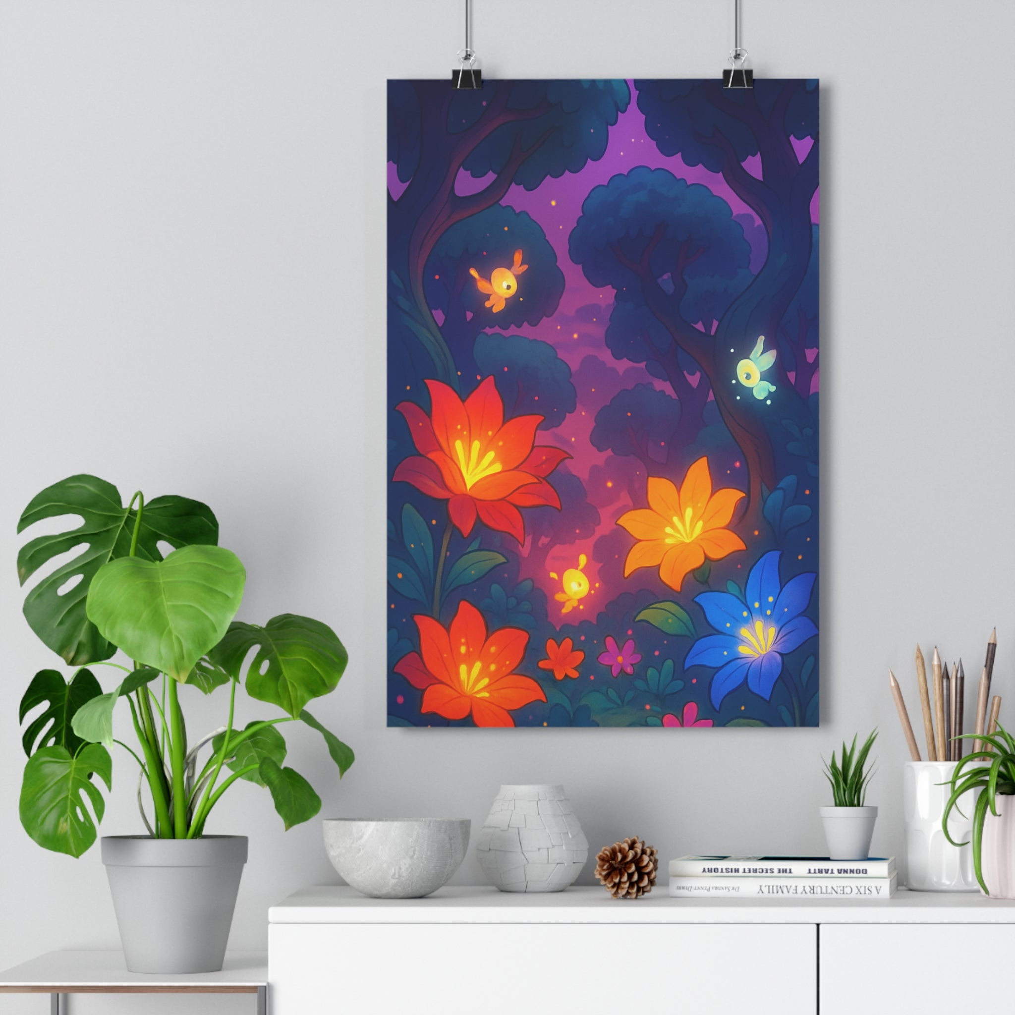 Poster décoratif scène féerique pastel rouge orange bleu forêt mystique salon chambre enfant ambiance