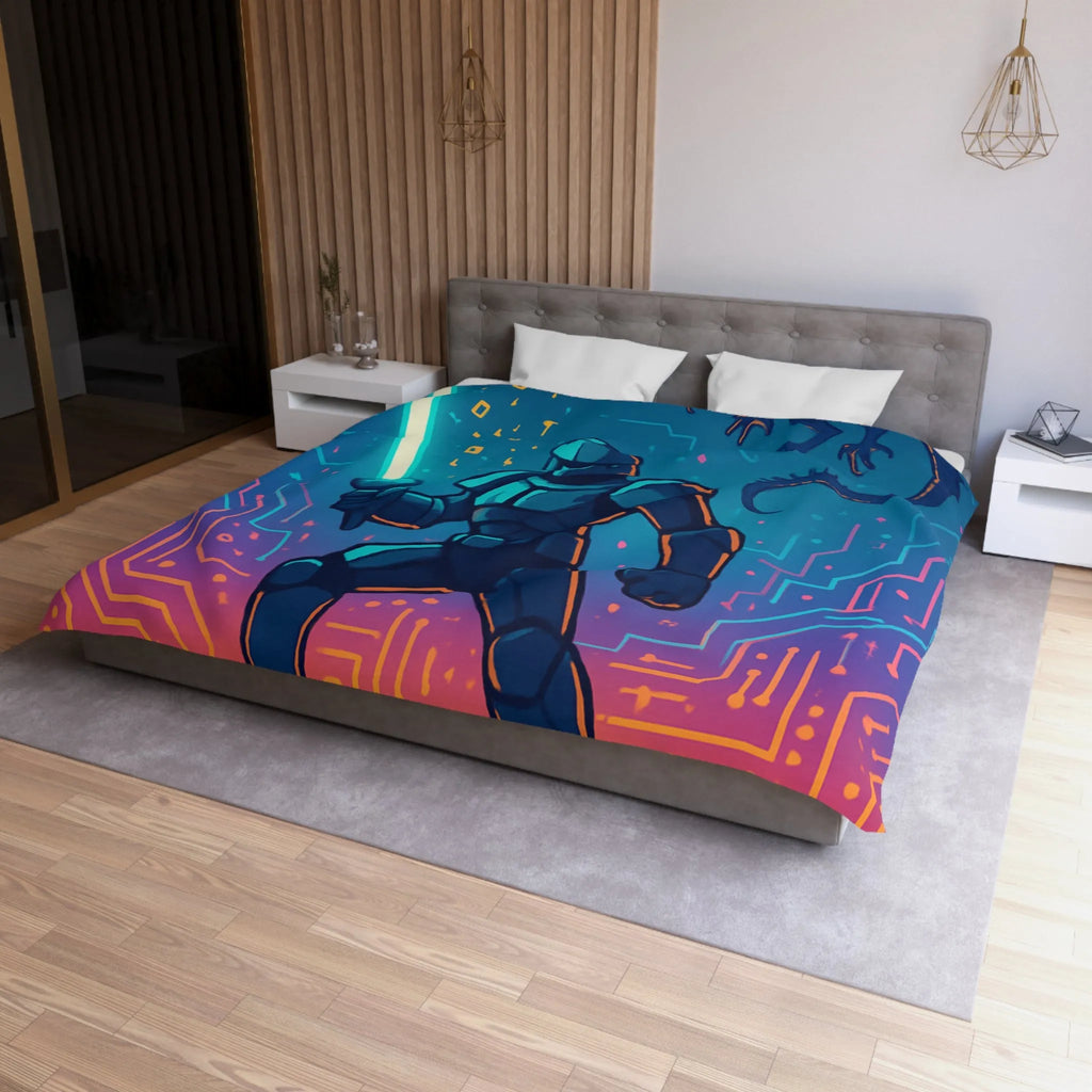 Housse de couette futuriste avec chevalier numérique et dragon volant coloré et épique