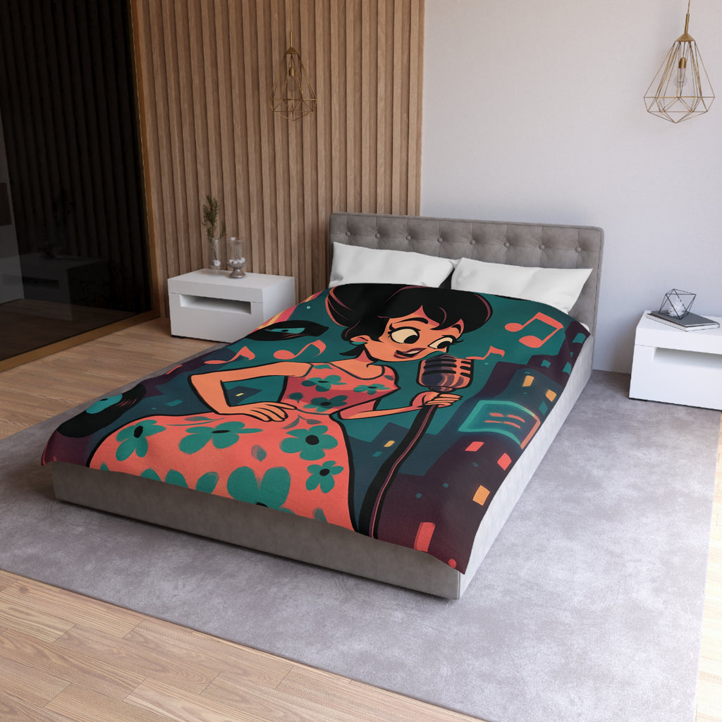 Housse de Couette Vintage Femme en Robe à Fleurs Chante Microphone Musique.