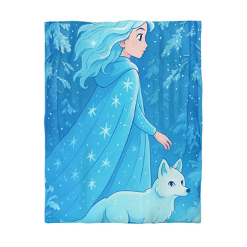 Housse de couette avec jeune fille et renard dans forêt hivernale magique