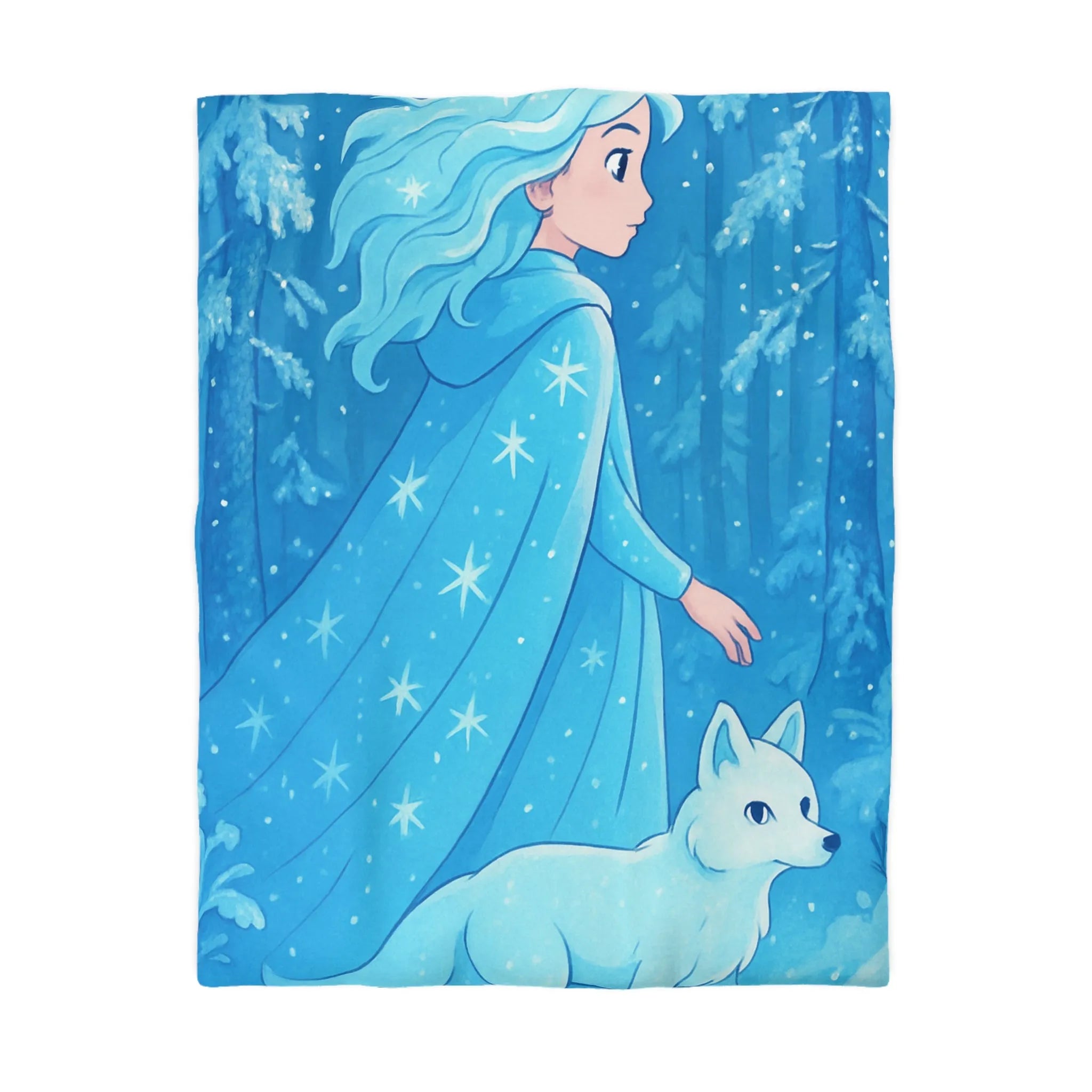 Housse de couette avec jeune fille et renard dans forêt hivernale magique