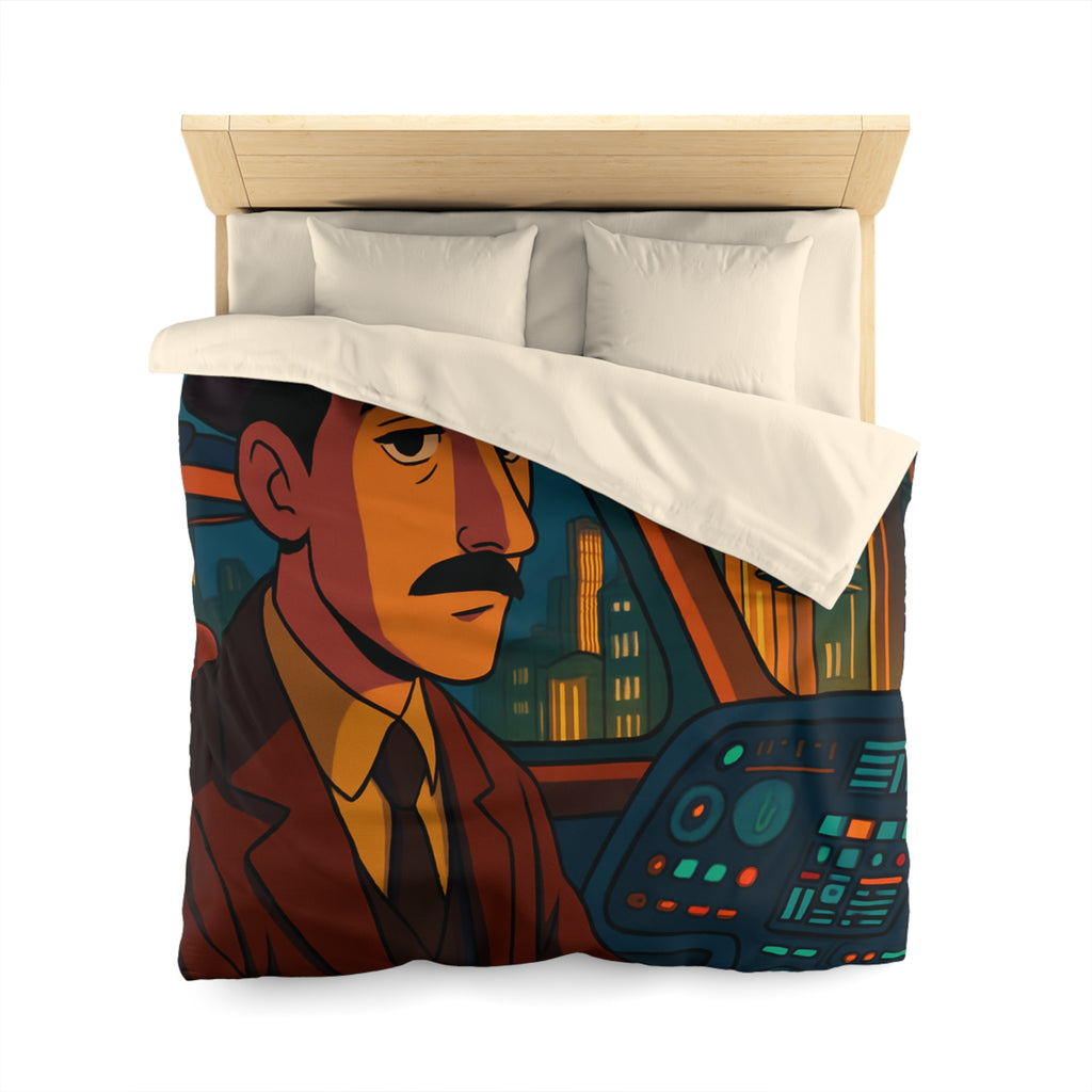 Housse de couette rétro-futuriste avec illustration de ville et pilote dans vaisseau