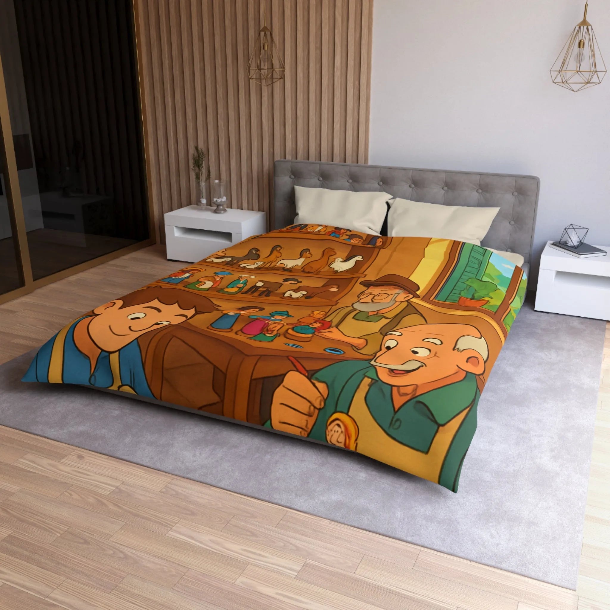 Housse de couette chaleureuse avec scène artisanale, figurines en bois colorées et personnages souriants