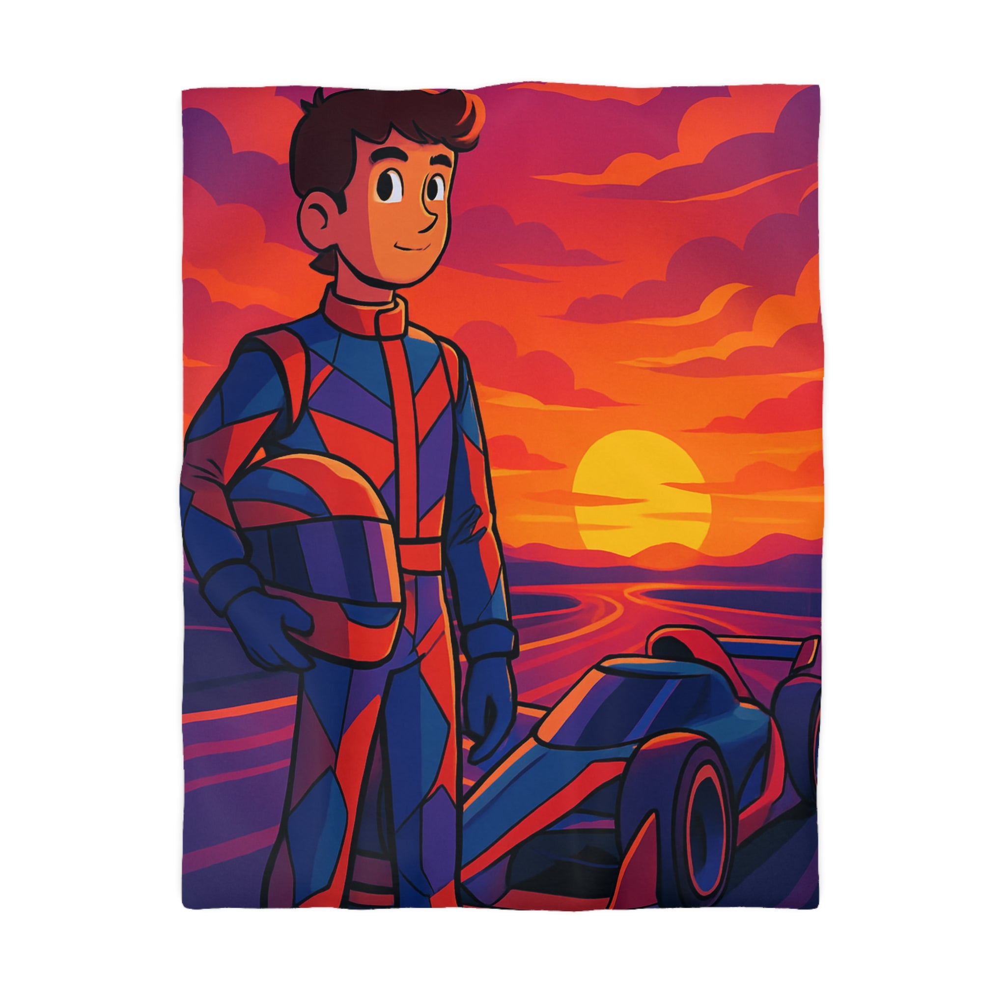Housse de couette motif pilote de course et voiture au coucher du soleil vibrant