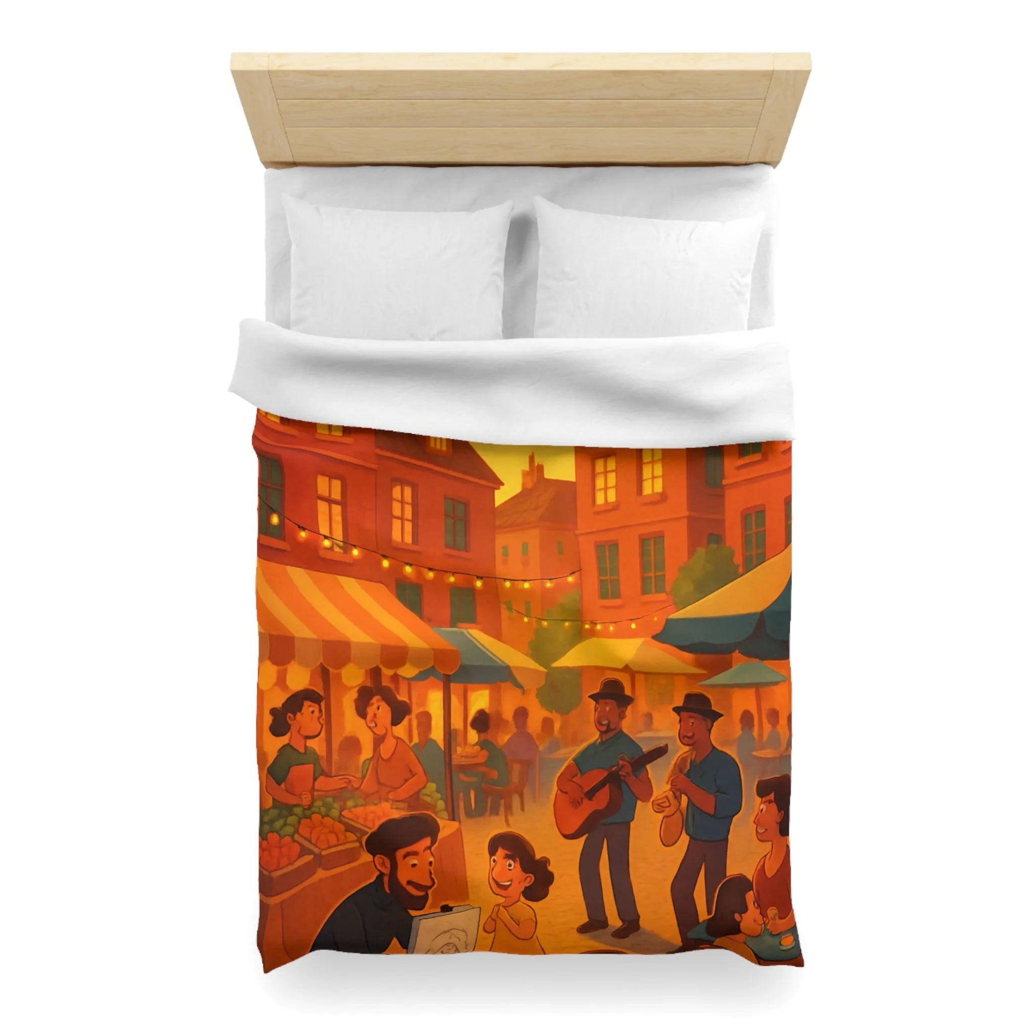 Housse de couette avec illustration de marché animé au coucher de soleil vibrant