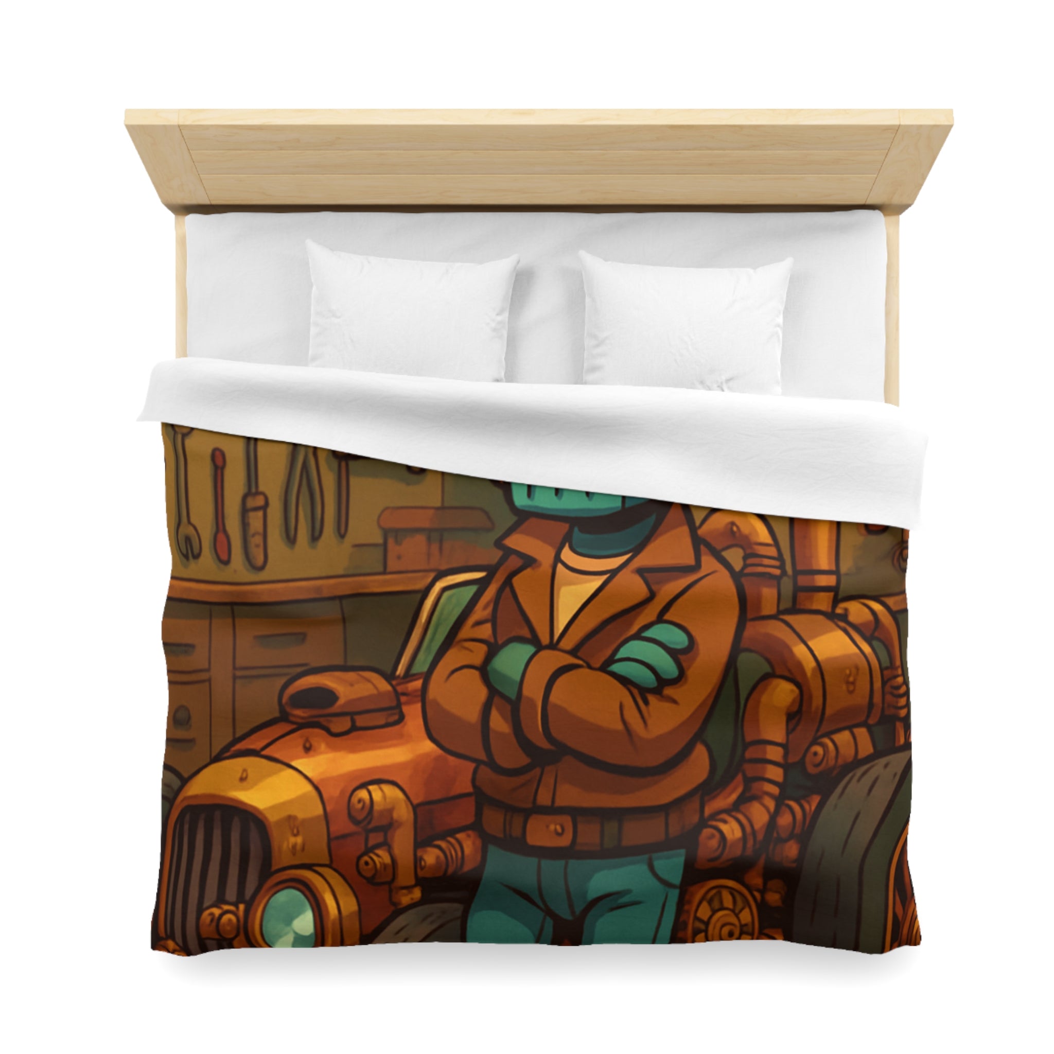 Housse de couette rétro steampunk avec voiture vintage et robot dans un atelier