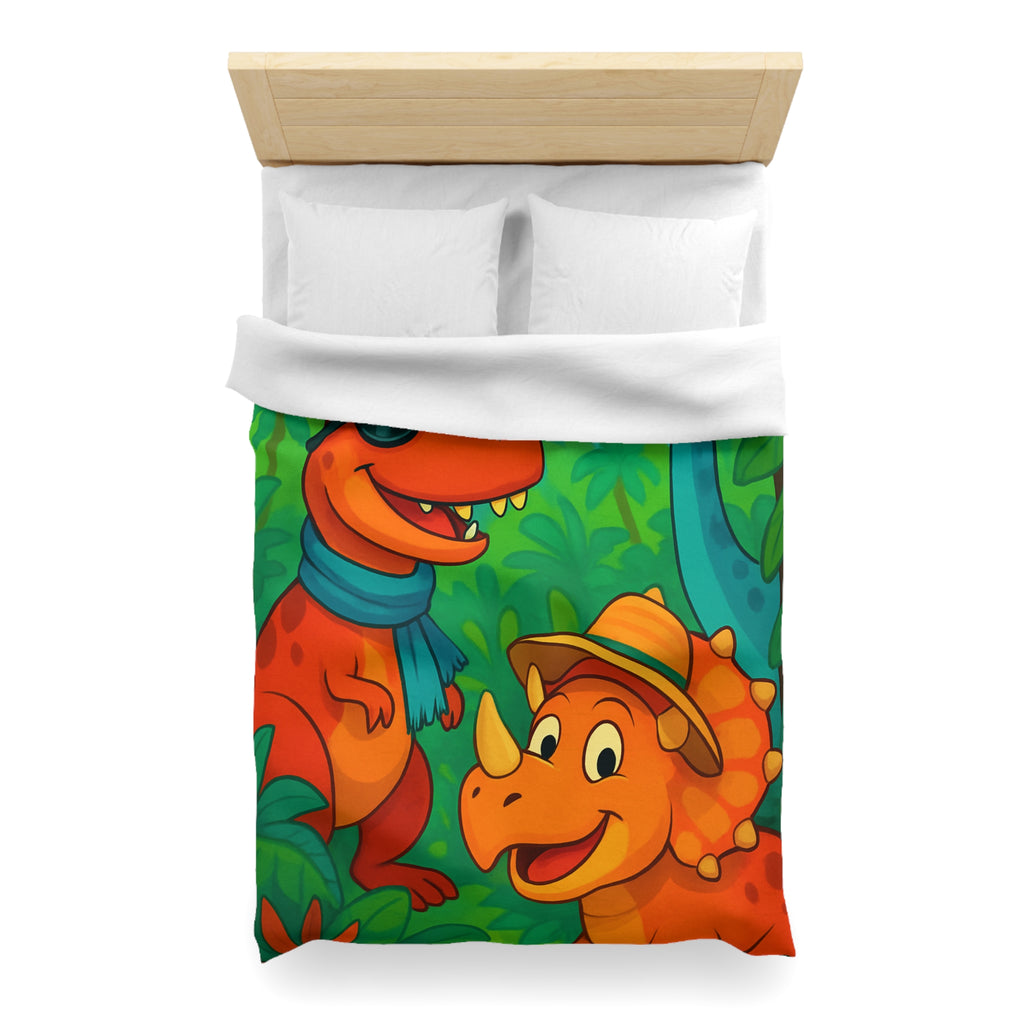 Housse de couette pour enfants avec dinosaures joyeux dans une jungle colorée et ludique