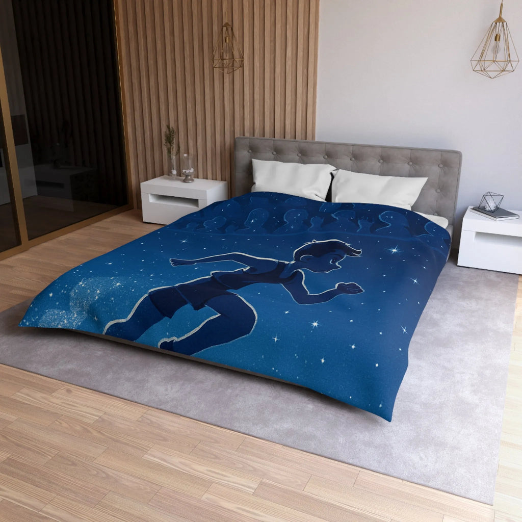 Housse de couette bleue nuit avec silhouette d'enfant courant sous ciel étoilé