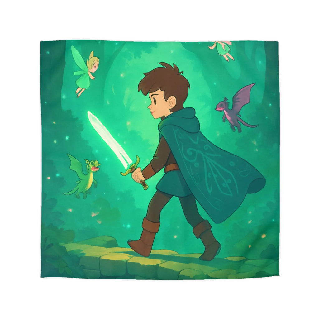 Housse de couette enfant magique avec épée lumineuse et créatures enchantées en forêt