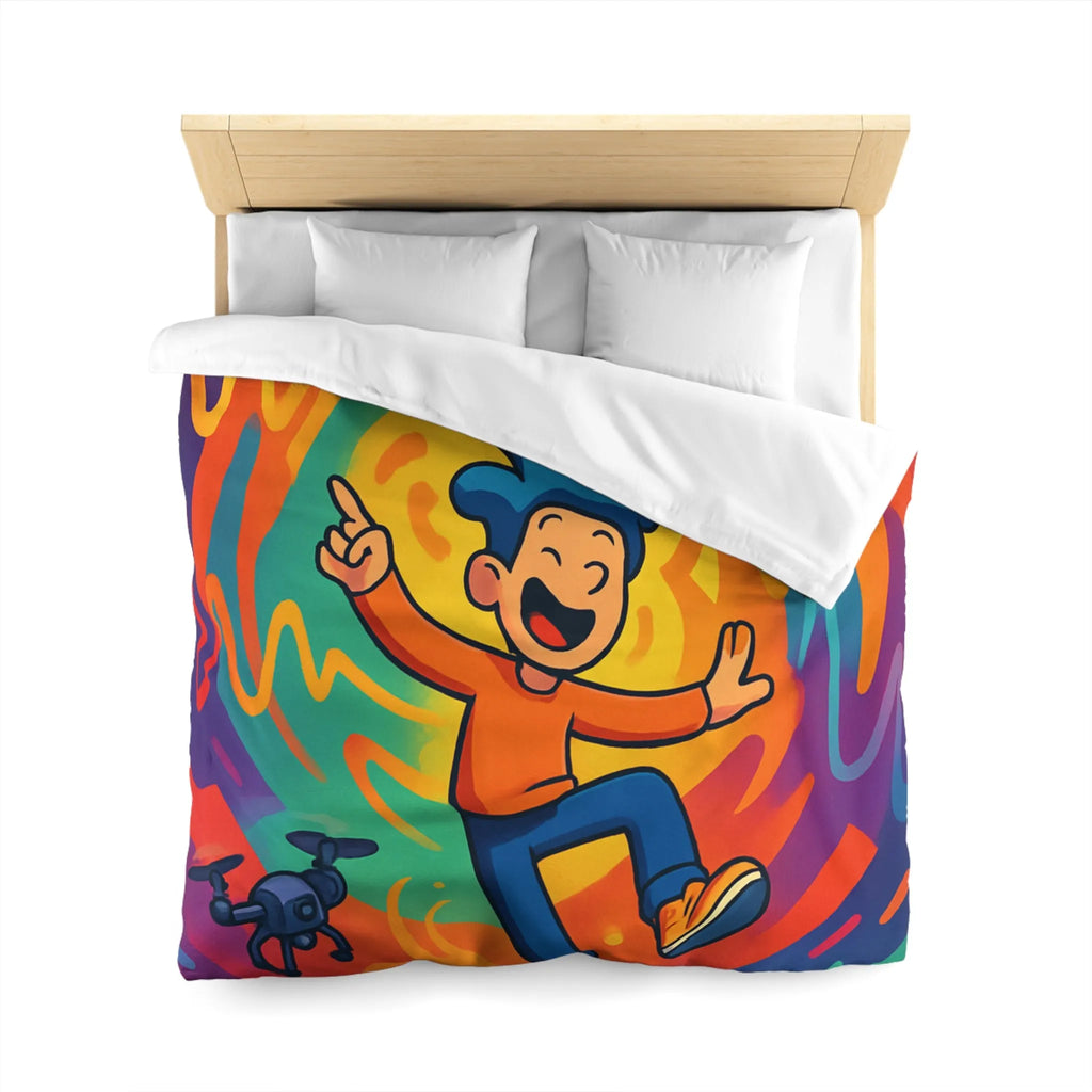 Housse de couette colorée avec personnage joyeux et drones volants autour des ondes