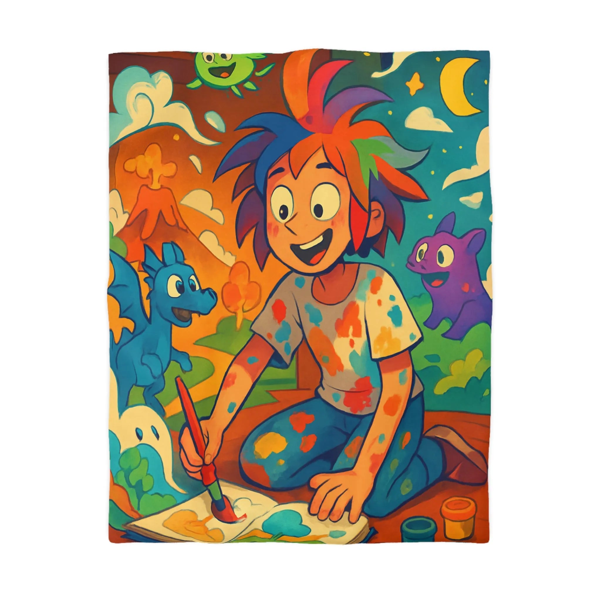 Housse de couette colorée illustrée avec enfant créatif et créatures fantastiques joyeuses