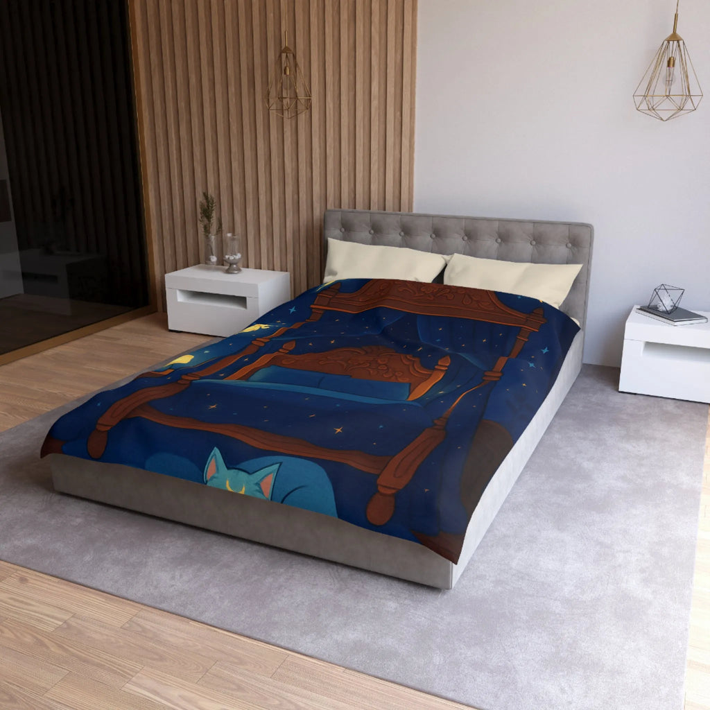 Housse de couette bleue étoilée avec fées et chat endormi, ambiance féérique