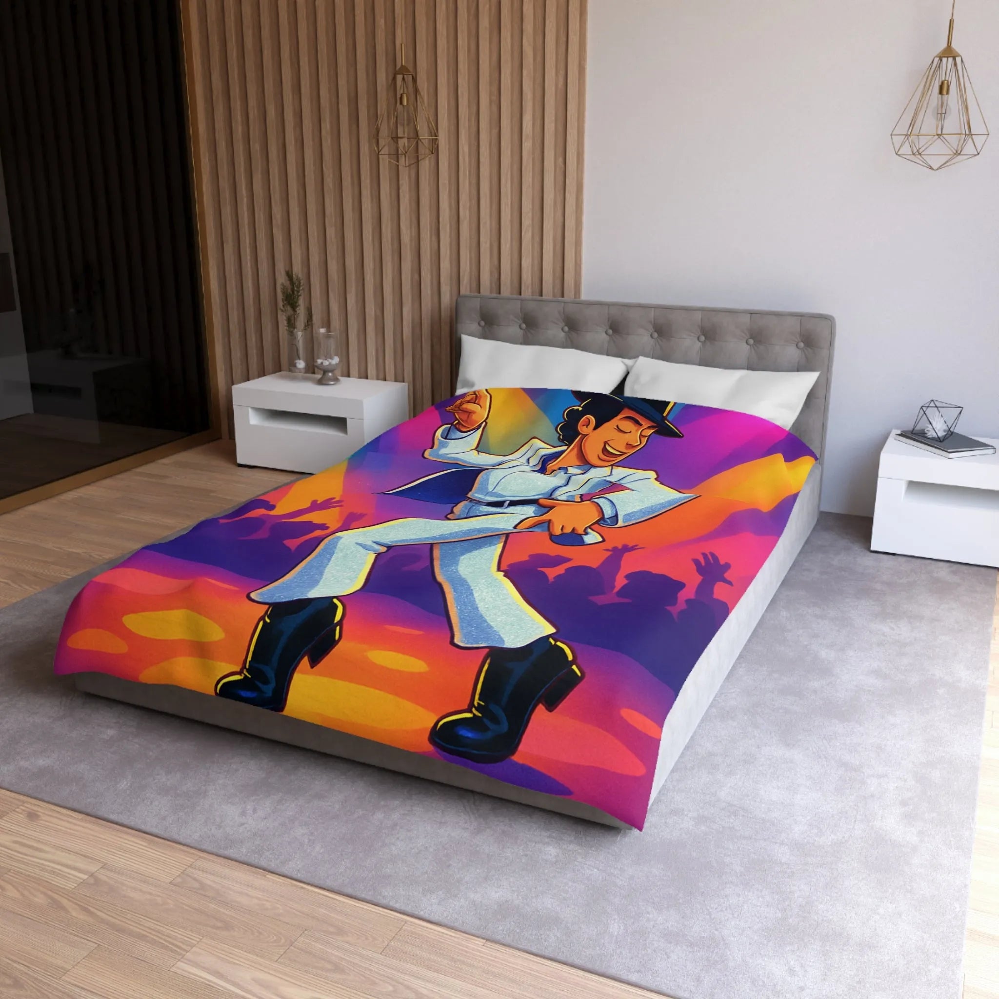 Housse de couette danseur animé en costume blanc avec lumières de scène colorées