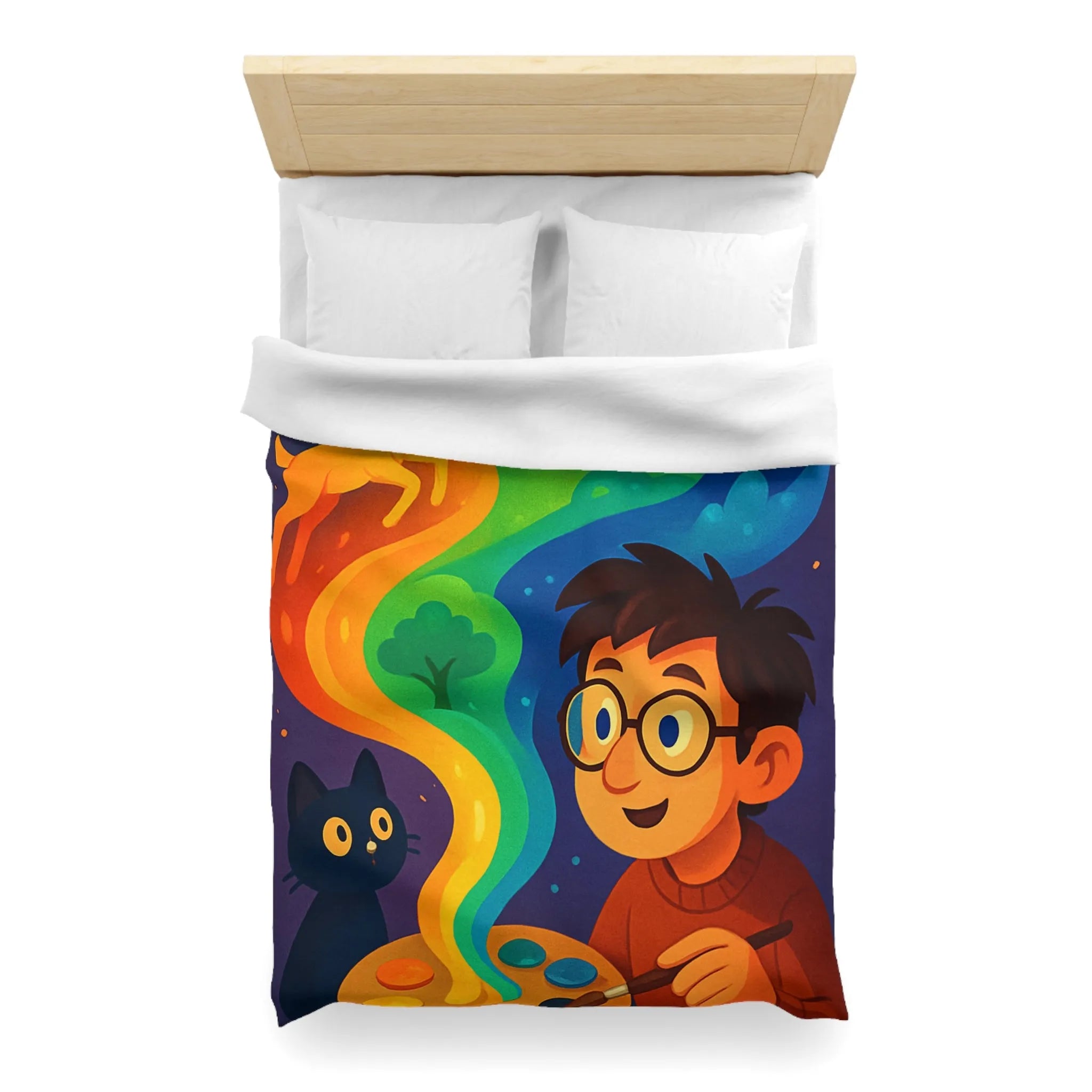 Housse de couette colorée illustrée avec artiste, palette et animaux fantastiques