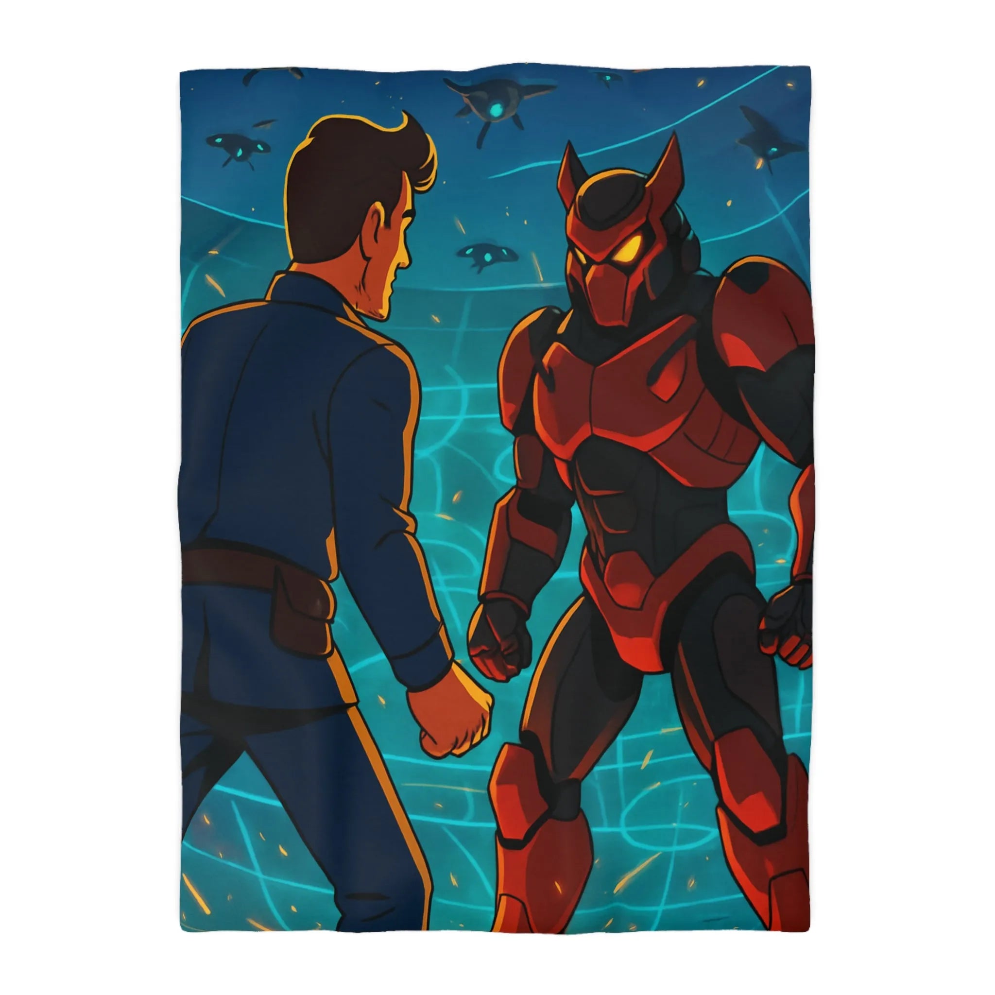 Housse de Couette avec Design Futuriste de Robot et Personnage en Armure Rouge