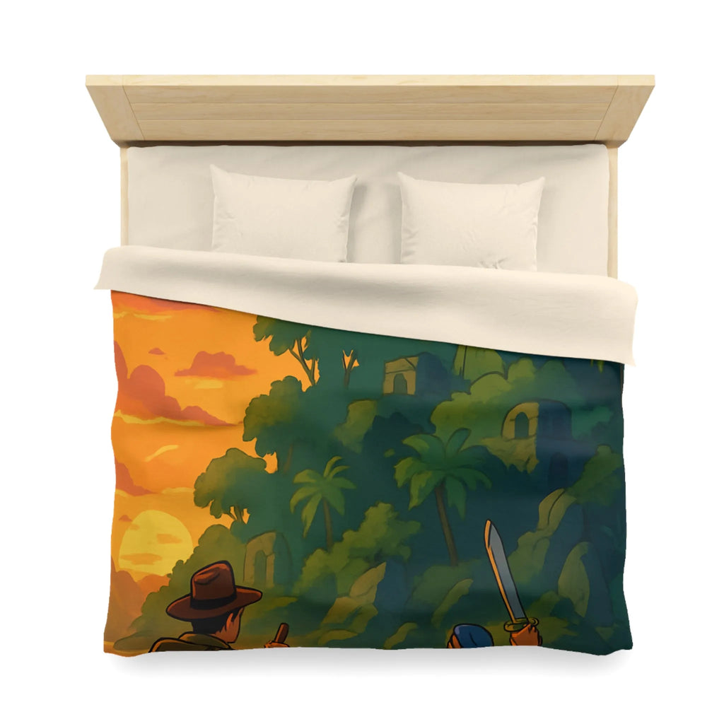 Housse de couette aventureuse avec scène tropicale au coucher du soleil et ruines mystérieuses