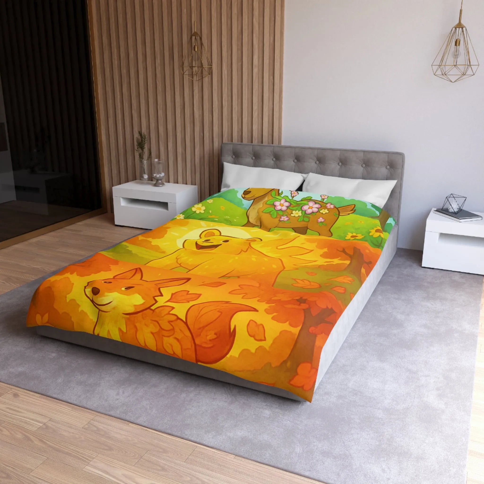 Housse de couette enchantée avec cerf, ours et renard en couleurs vives saisonnières