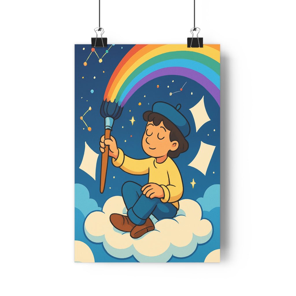 Poster décoratif pastel cartoon rêveur magique nuage pinceau arcenciel étoiles chambre enfant 30x46 qualité