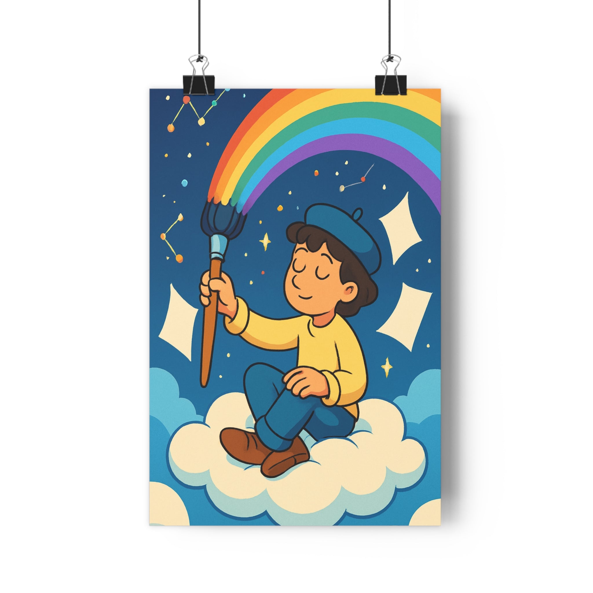 Poster décoratif pastel cartoon rêveur magique nuage pinceau arcenciel étoiles chambre enfant 30x46 qualité