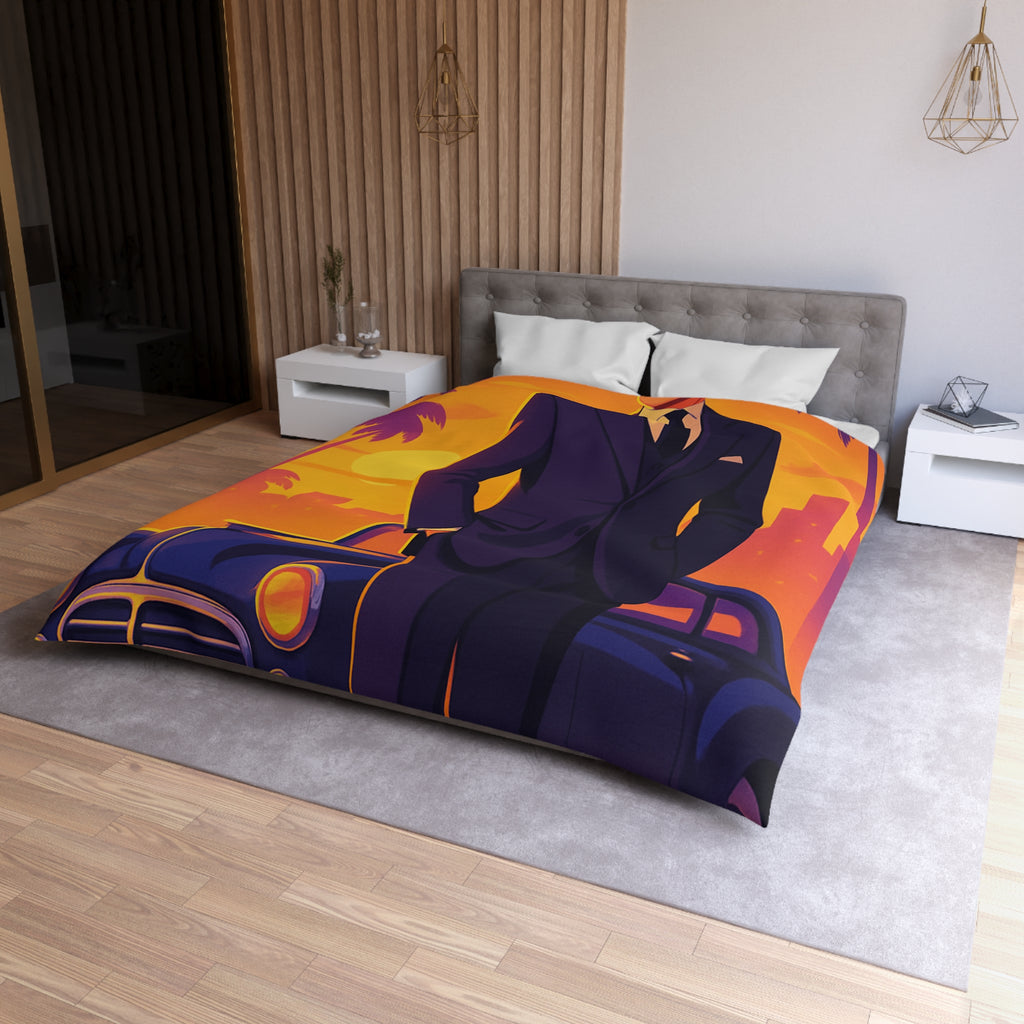 Housse de couette vintage avec homme élégant devant voiture classique au coucher du soleil